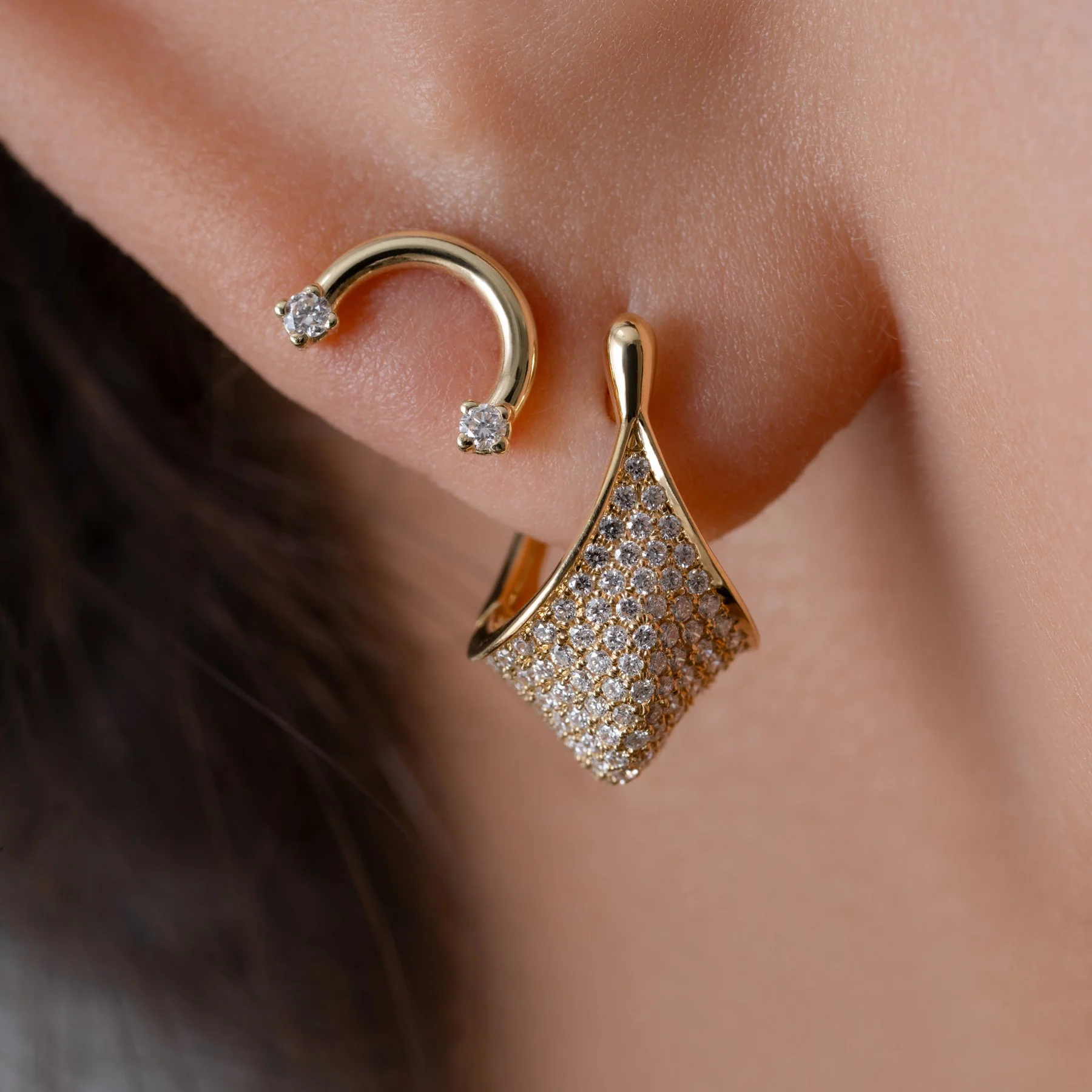 Gold and Diamond Pave Modern Huggie Earrings - Image 6