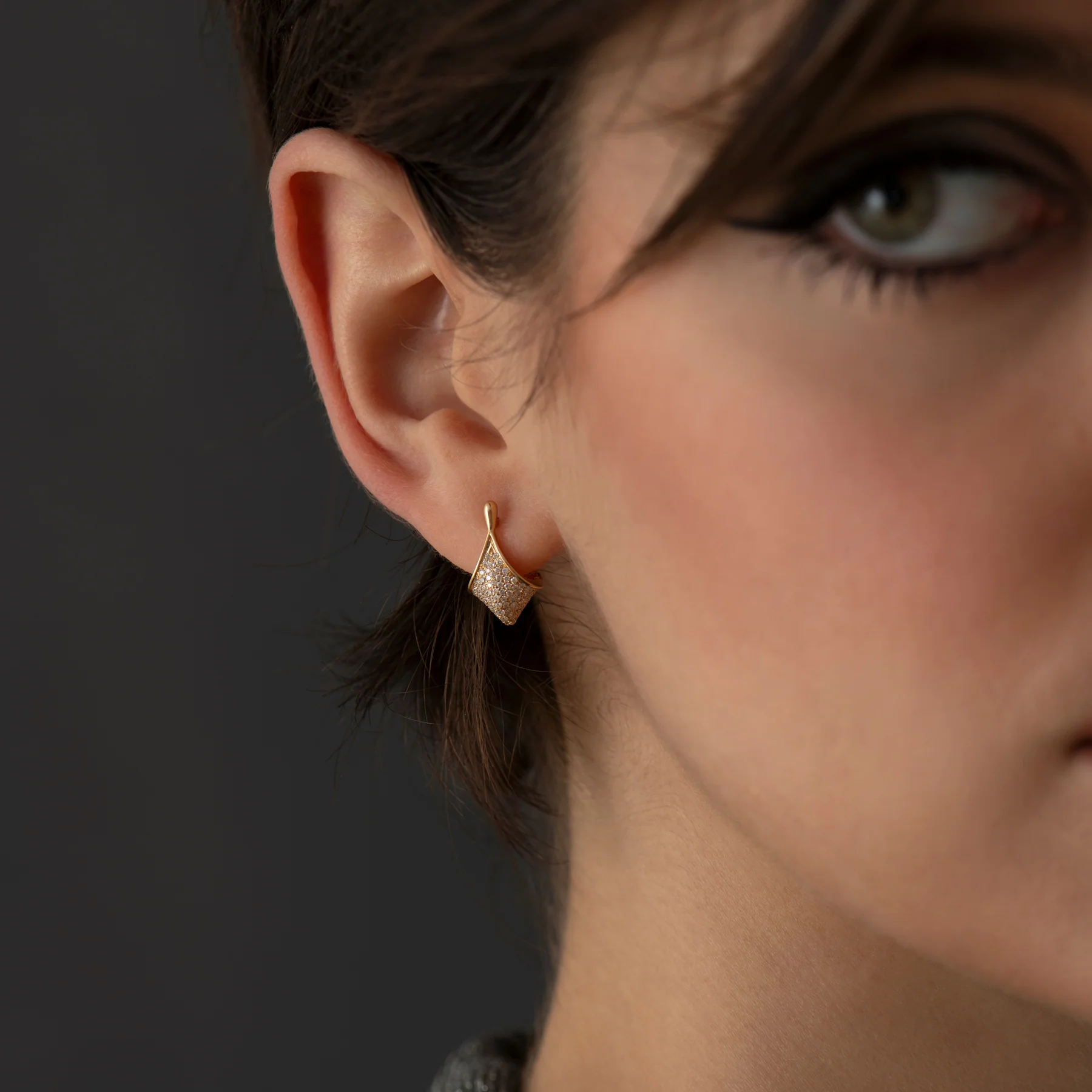 Gold and Diamond Pave Modern Huggie Earrings - Image 9