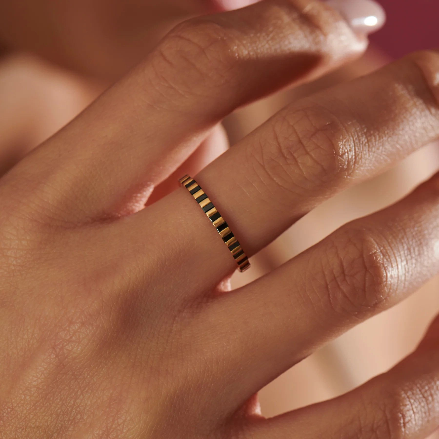 Apis Striped Black Diamond Matte Gold Half Eternity Ring - Image 2