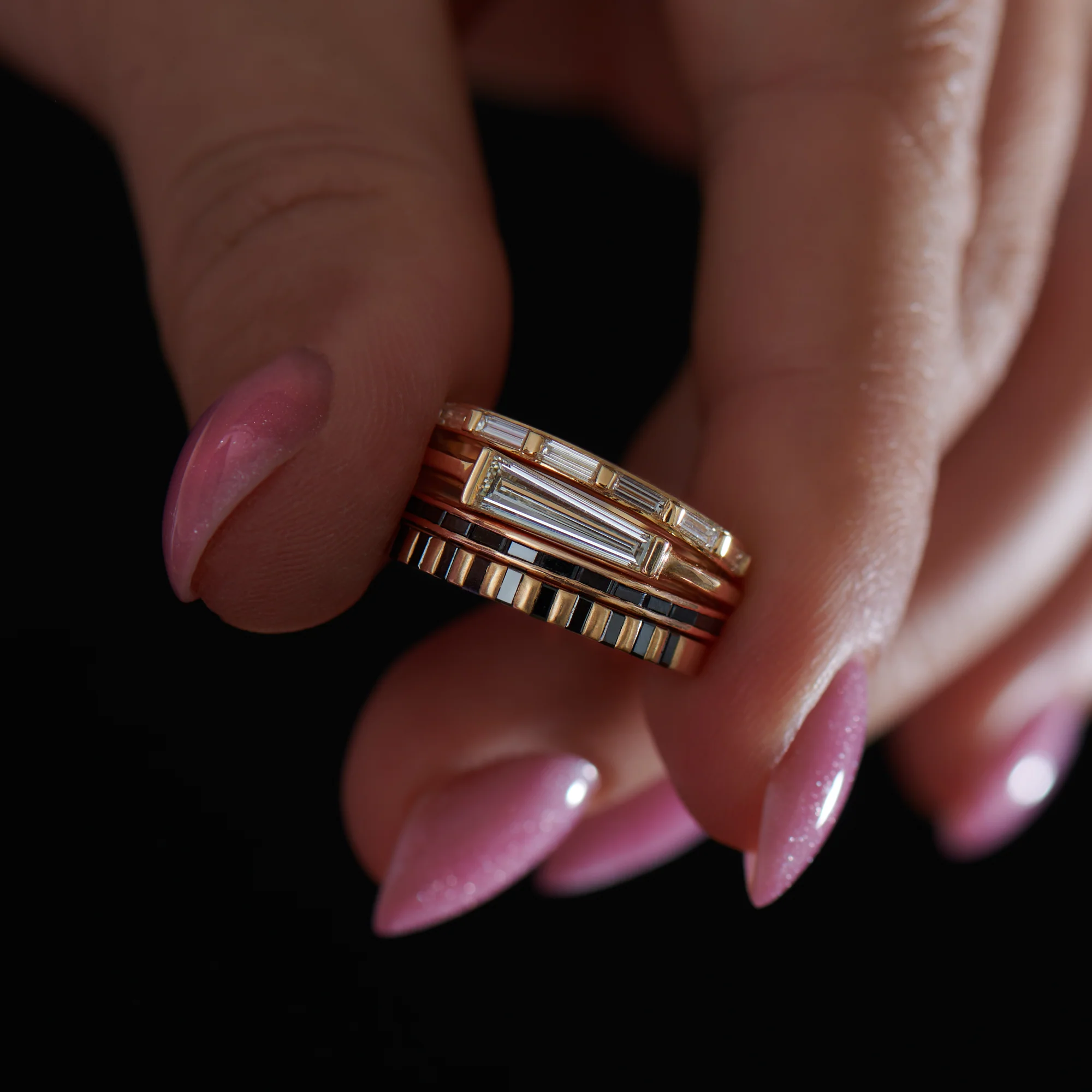 Apis Striped Black Diamond Matte Gold Half Eternity Ring - Image 8