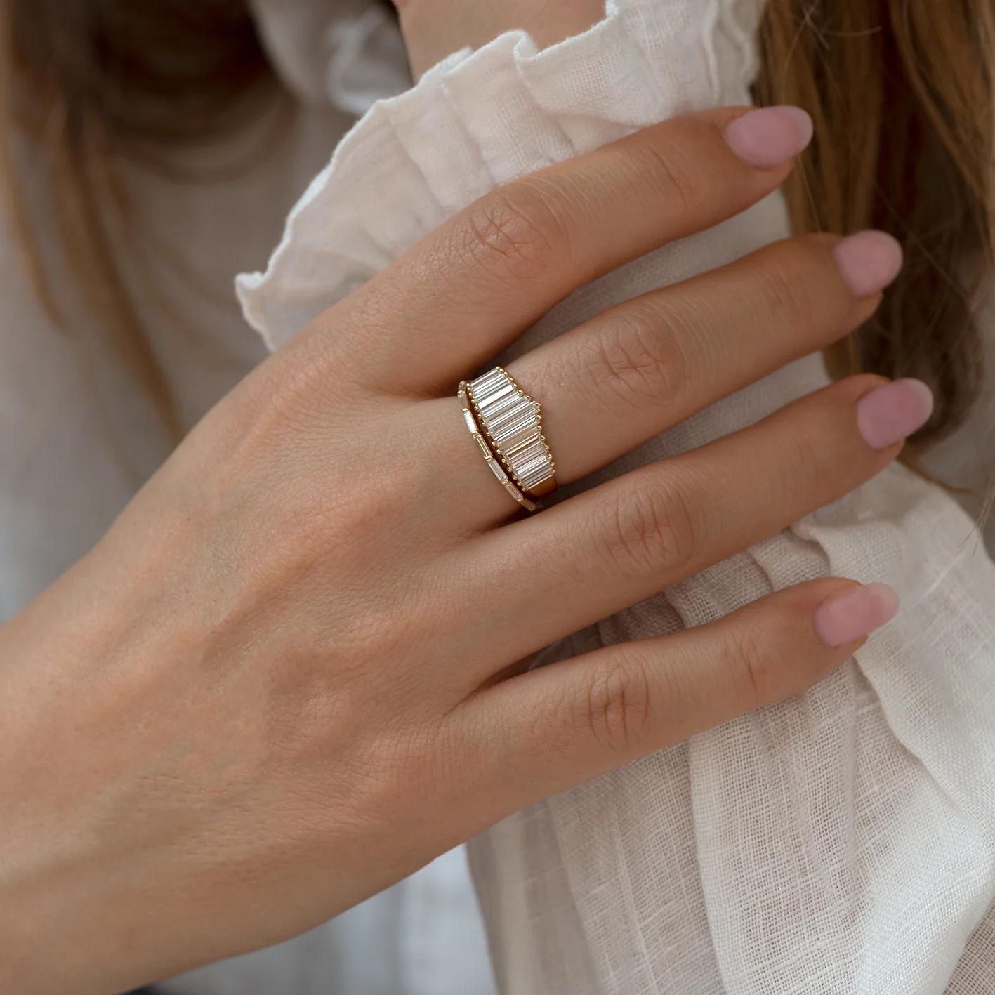 Art Deco Inspired Ring Set with Needle Baguette Diamonds - Image 5