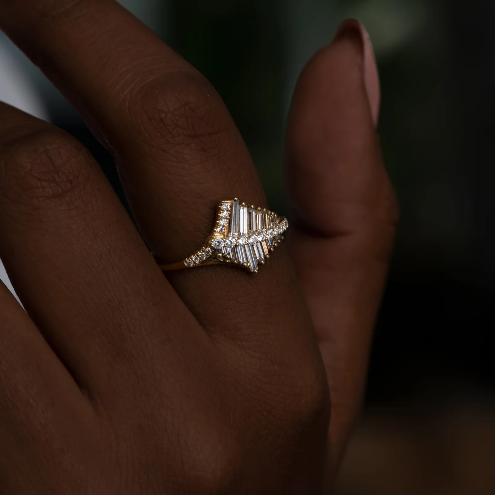 Asymmetrical Baguette Cluster Ring with Round Diamond Beams - Image 7