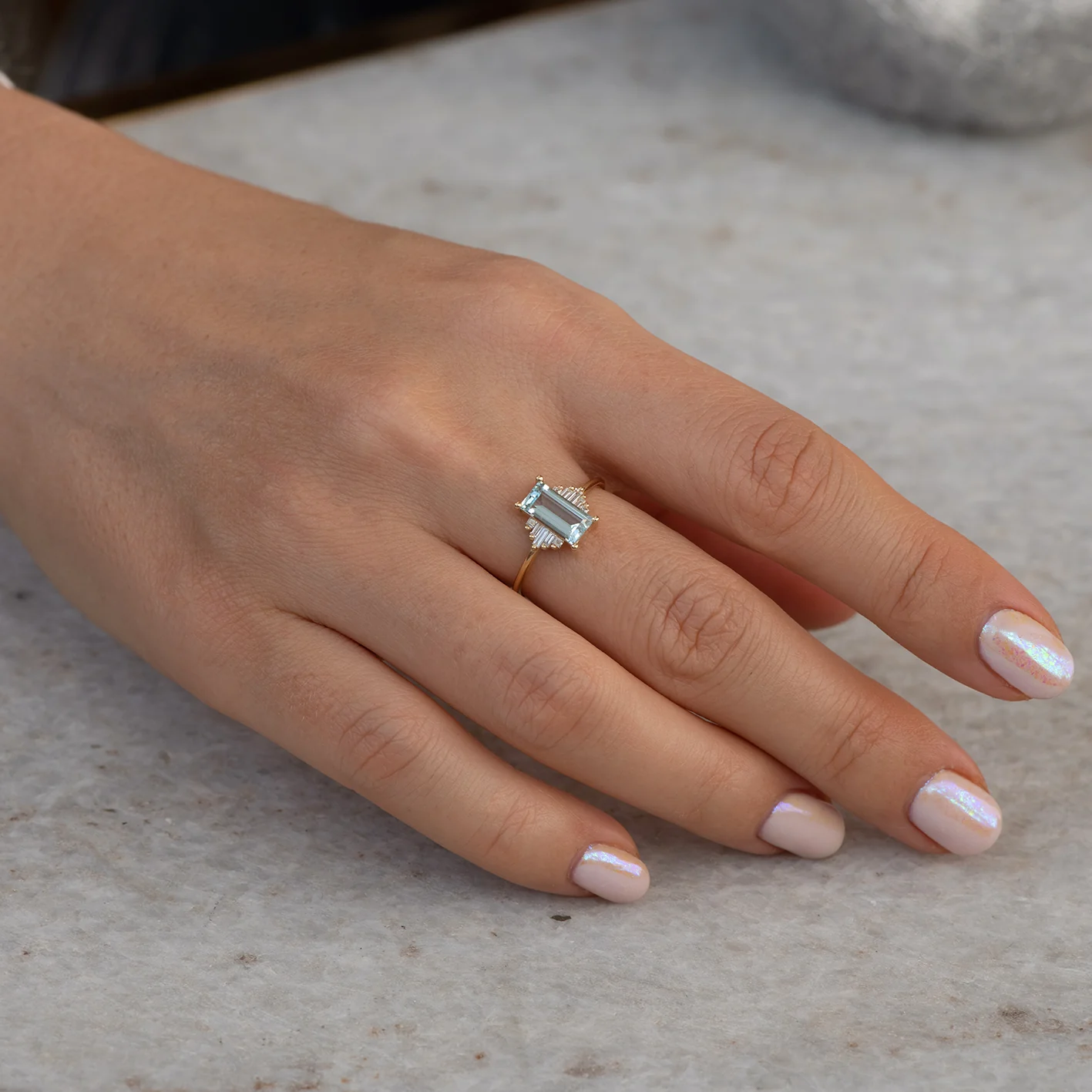Baguette Cut Aquamarine Ring with Diamonds - Image 6