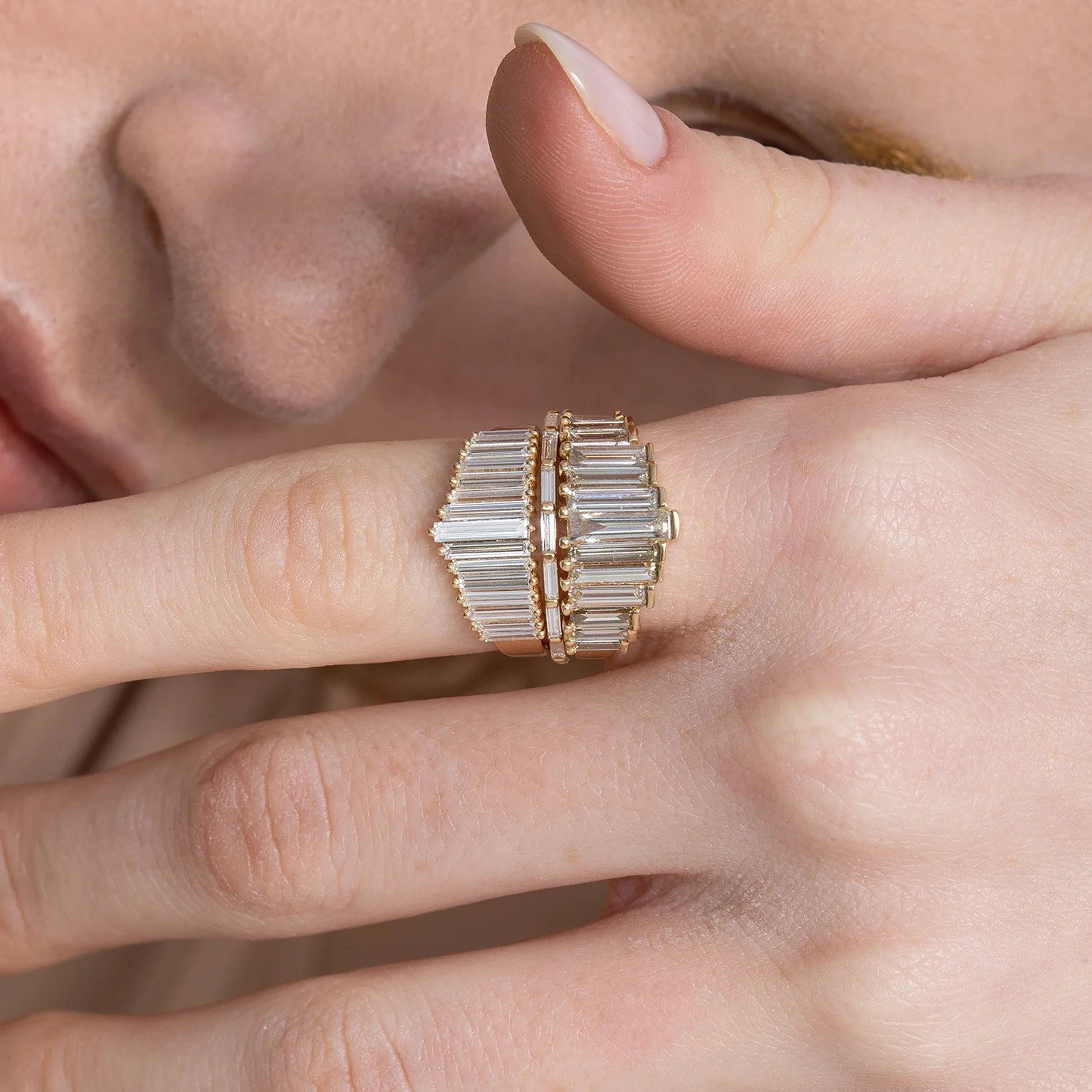 Baguette Cut Diamond Tiara Ring with Top Light Brown Diamonds - OOAK - Image 2