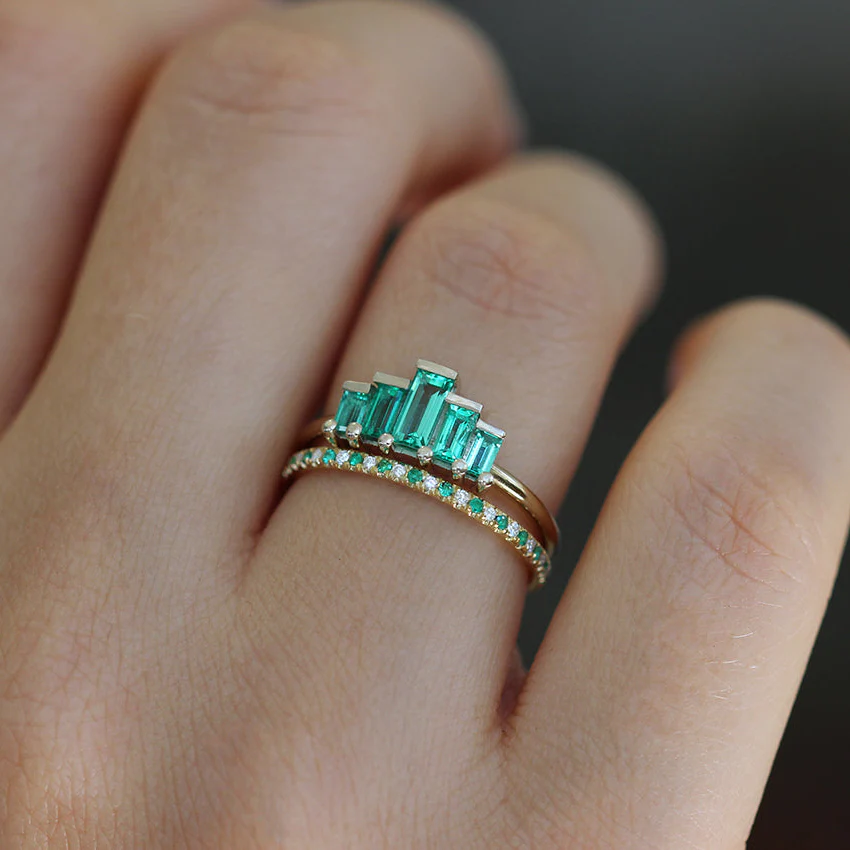Baguette Cut Emeralds Engagement Ring - Art Deco Emerald Ring - Image 5