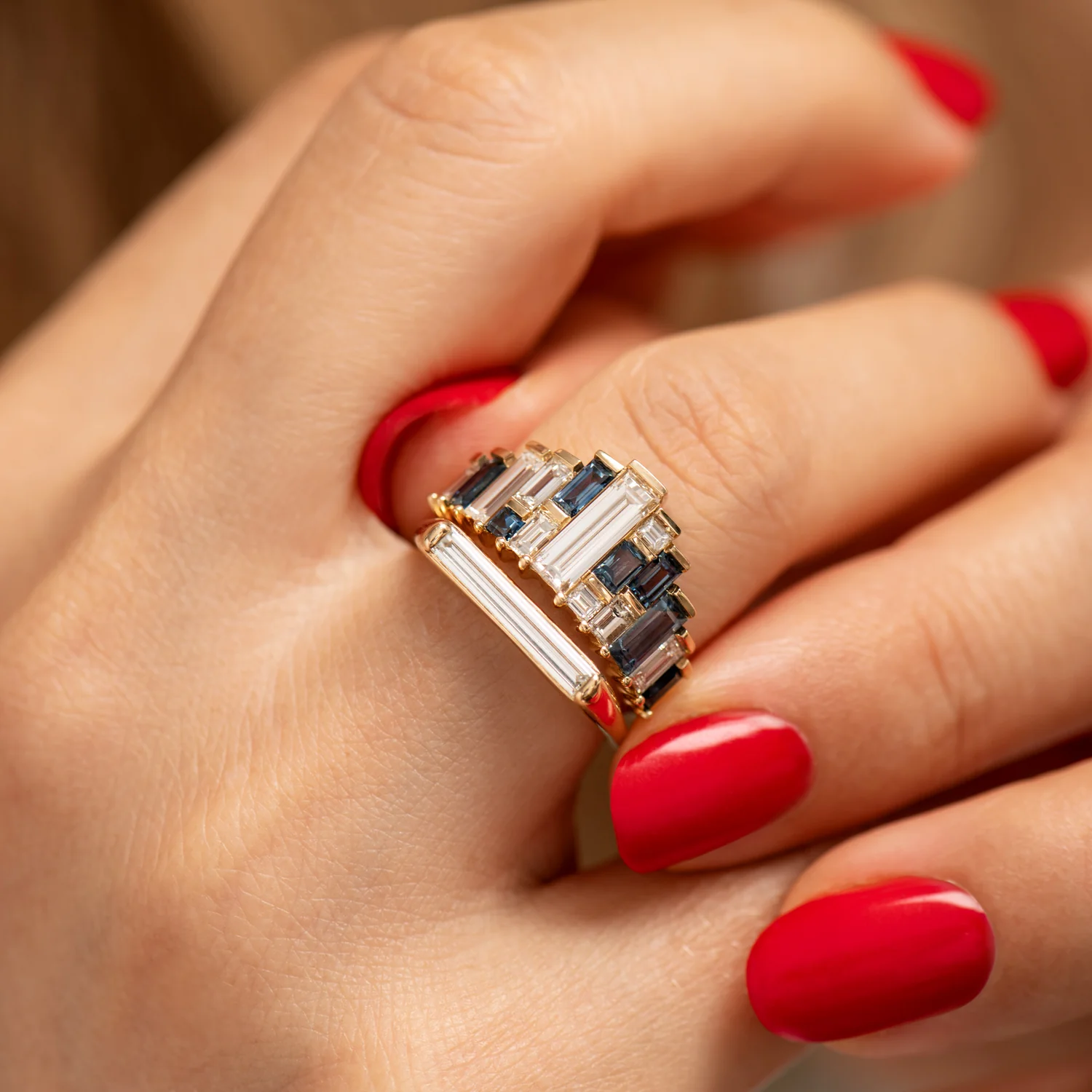 Baguette Cut Sapphire and Diamond Tiara Ring - Image 8