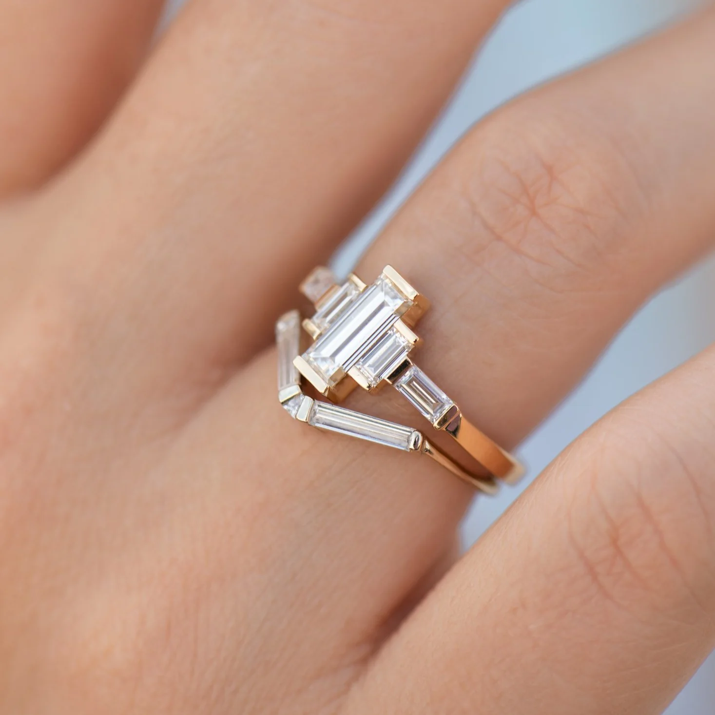 Baguette Diamond Engagement Ring with Golden Framework - Image 2