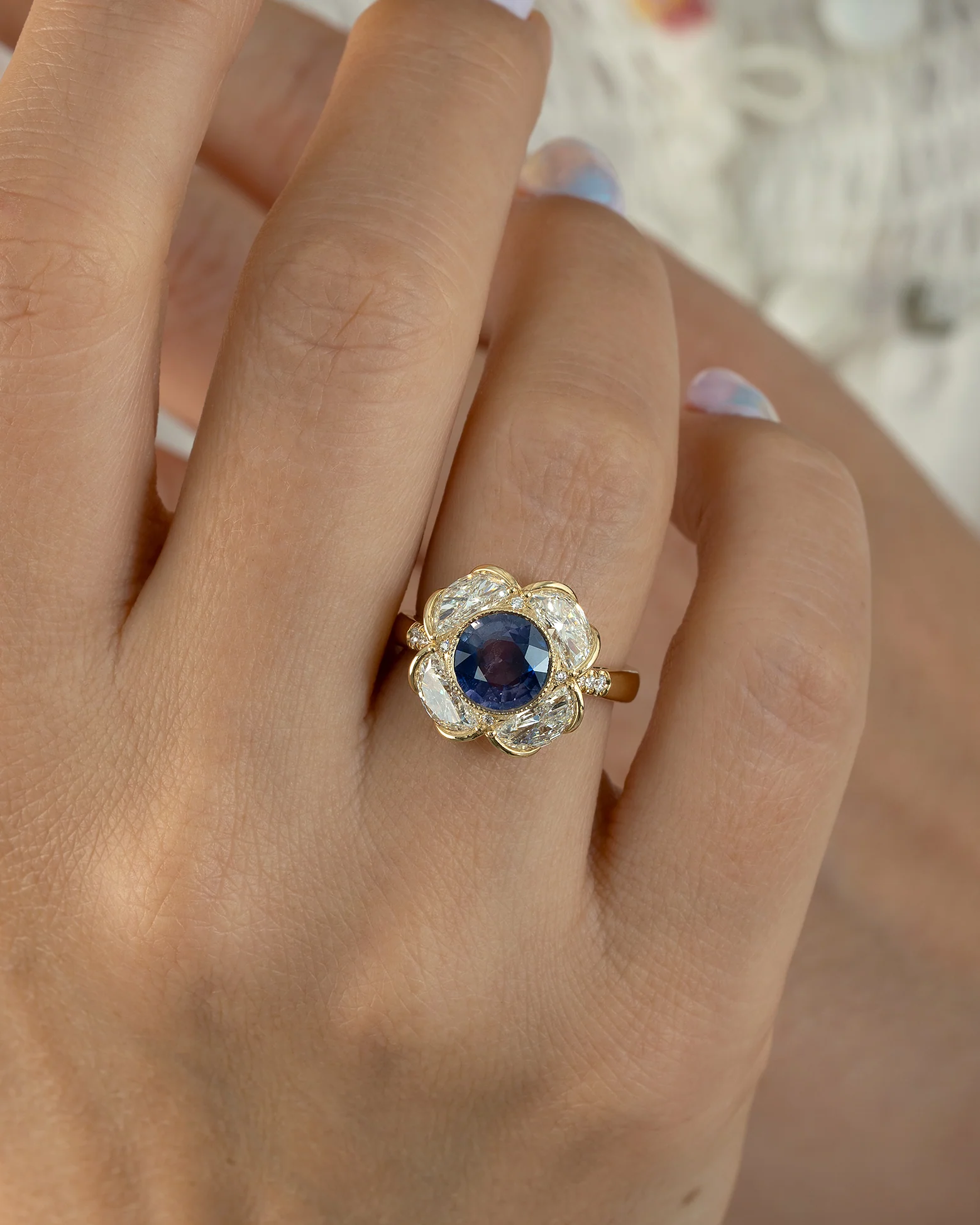 Bellflower Engagement Ring with Indigo Sapphire & Half Moon Diamonds - Image 6