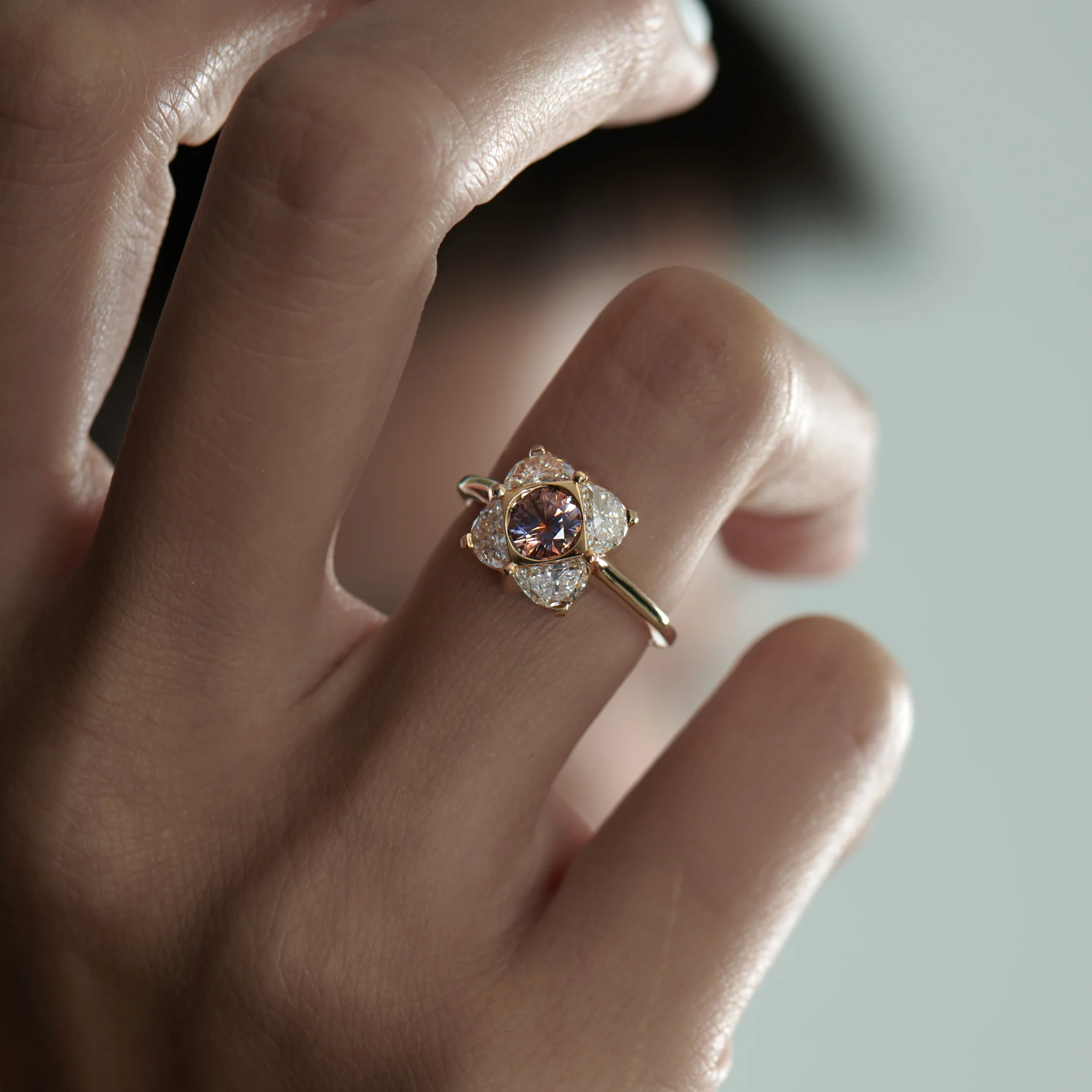 Bellflower OOAK Parti Sapphire & Half Moon Diamond Engagement Ring - Image 9