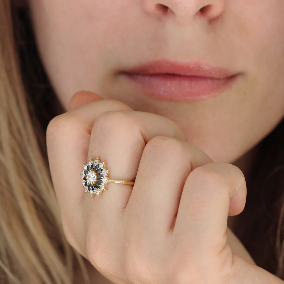 Black and White Diamond Engagement Ring - Flower Diamond Cluster Ring - Image 4