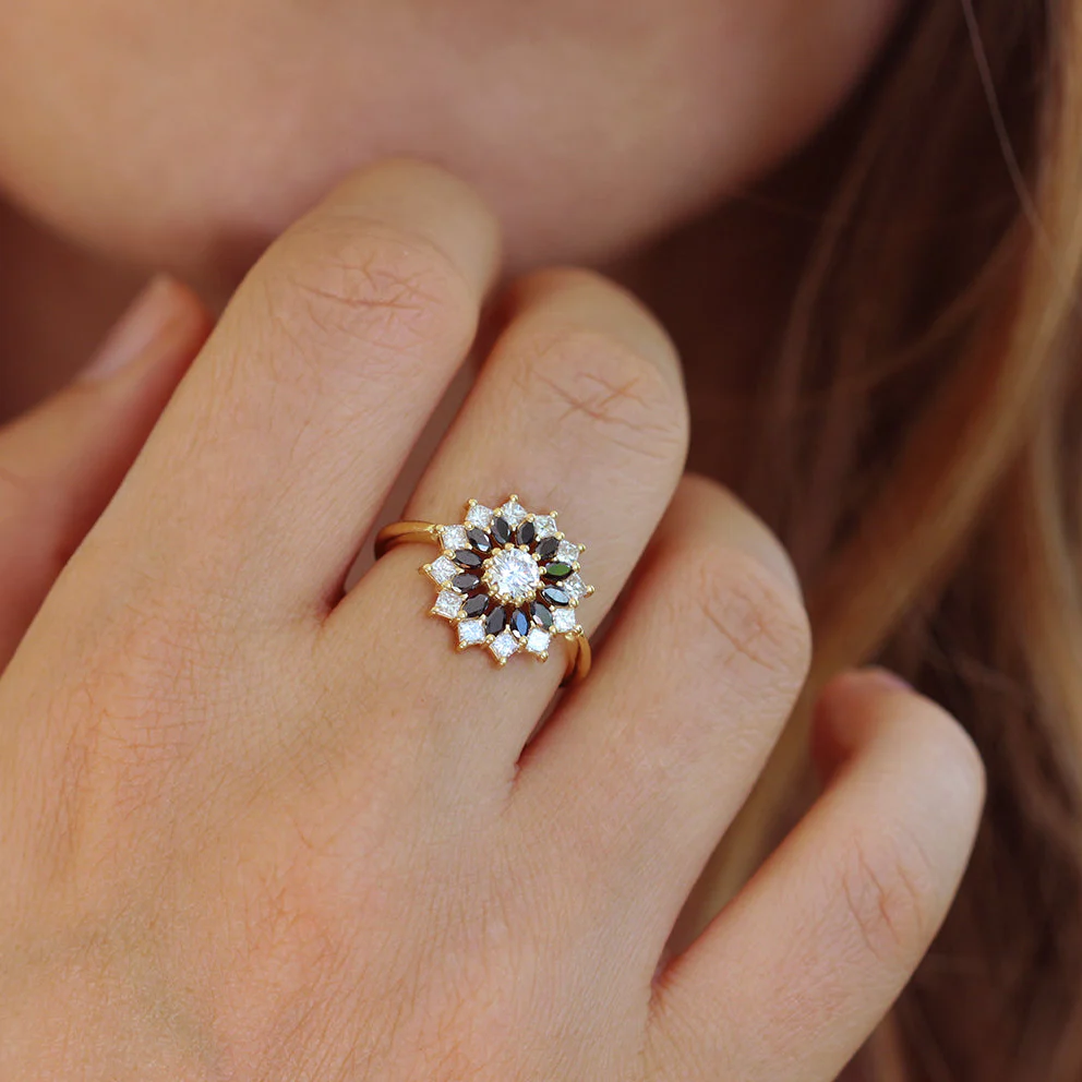 Black and White Diamond Engagement Ring - Flower Diamond Cluster Ring - Image 5