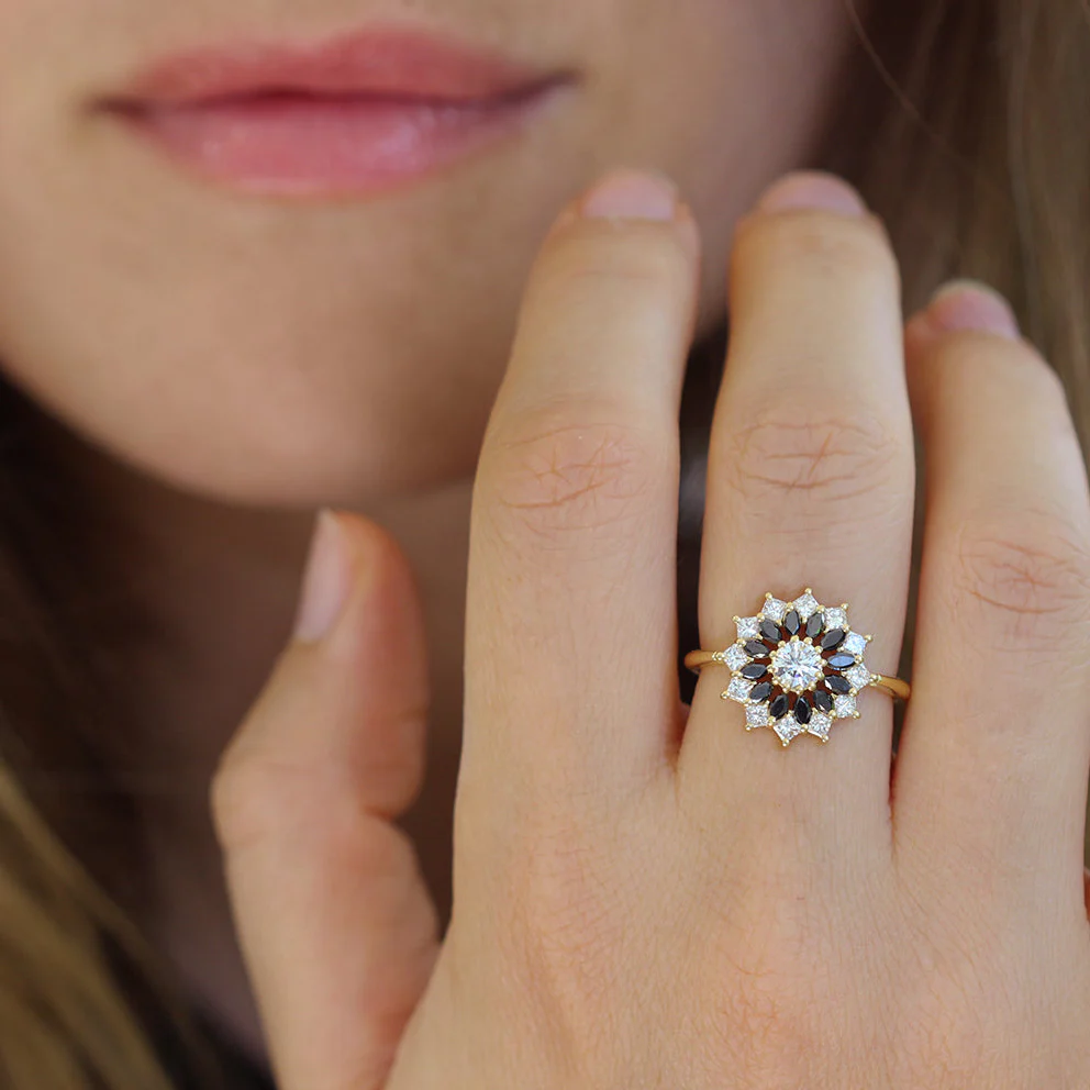 Black and White Diamond Engagement Ring - Flower Diamond Cluster Ring - Image 6