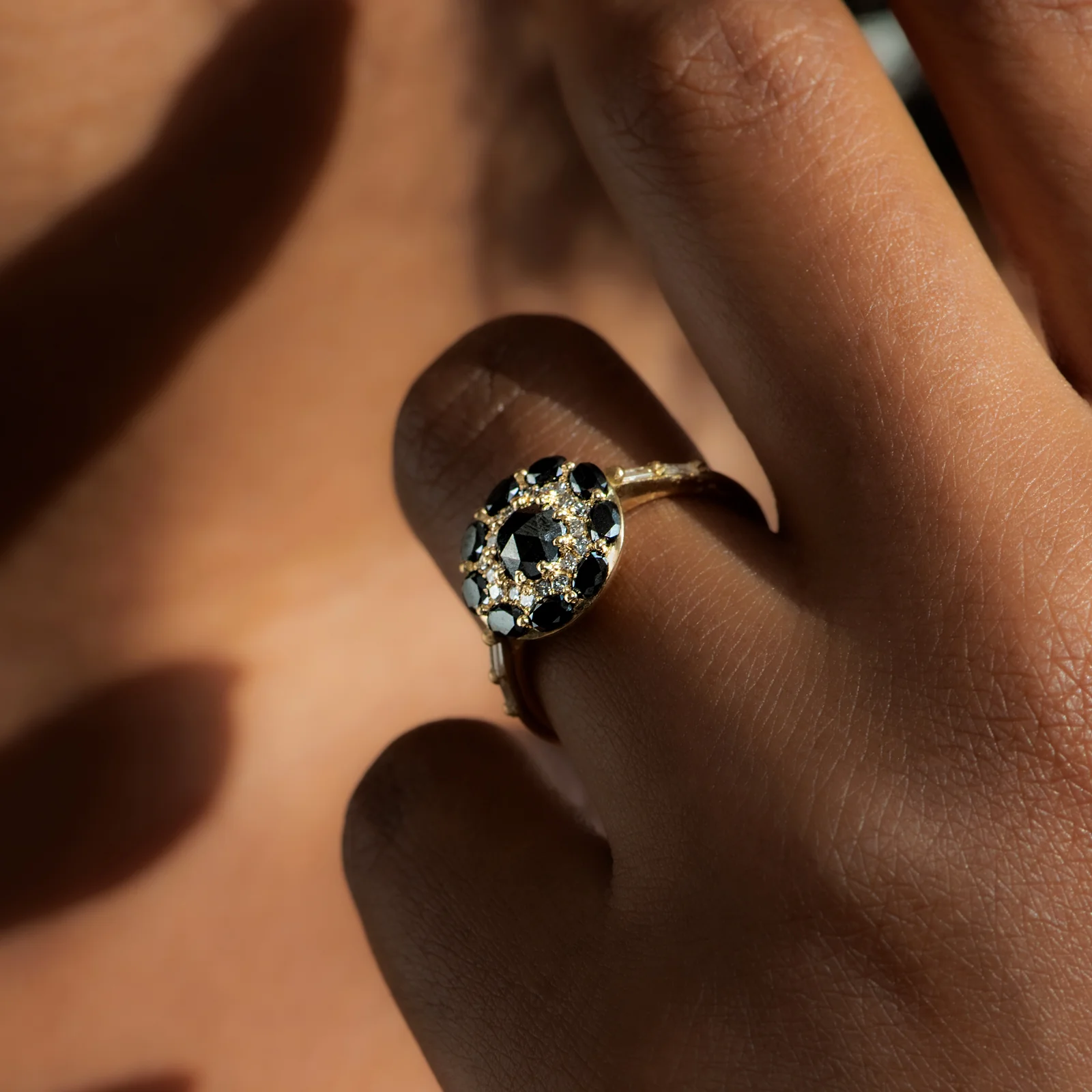 Black Diamond Mandala Engagement Ring - With Baguette Diamond Band - Image 4