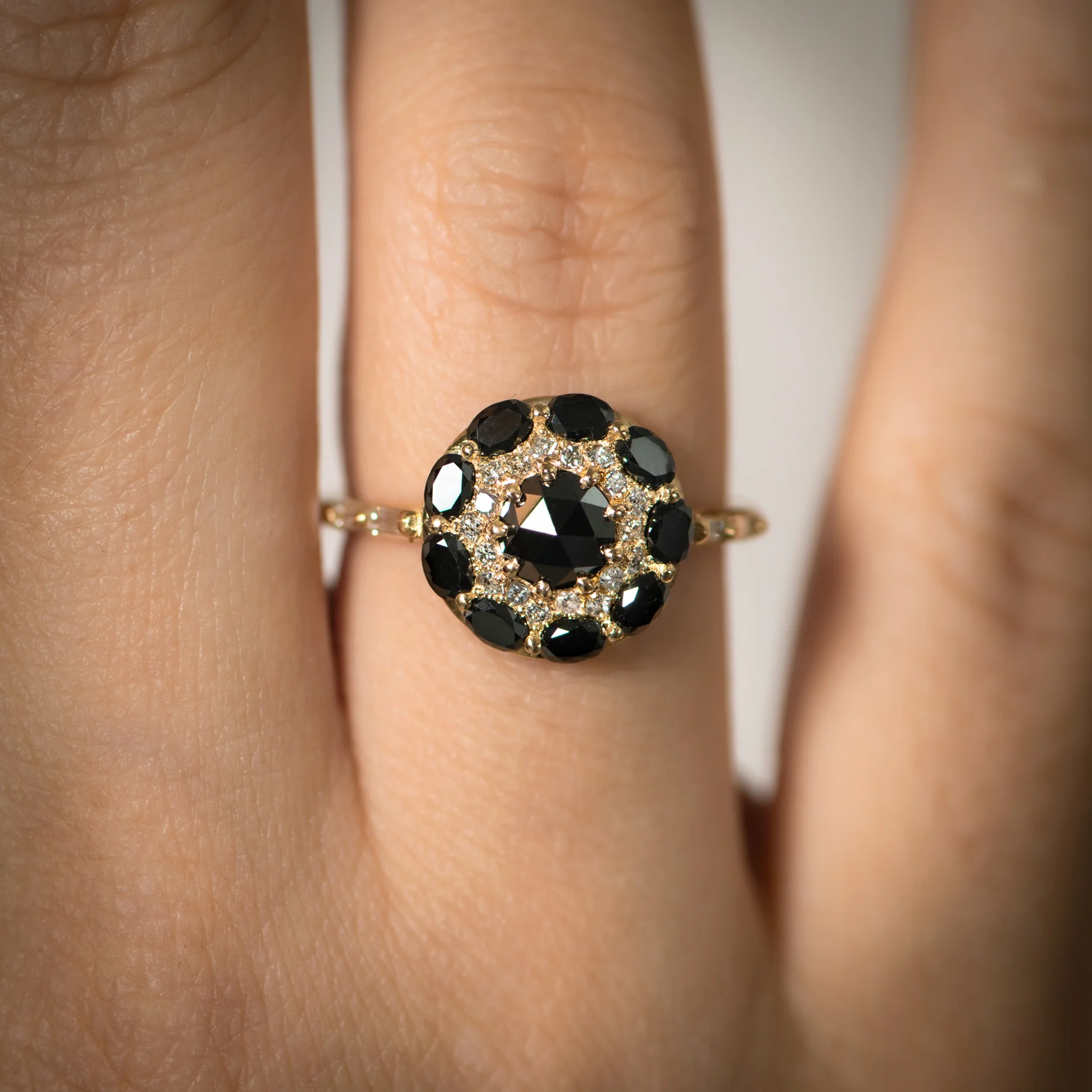 Black Diamond Mandala Engagement Ring - With Baguette Diamond Band - Image 7