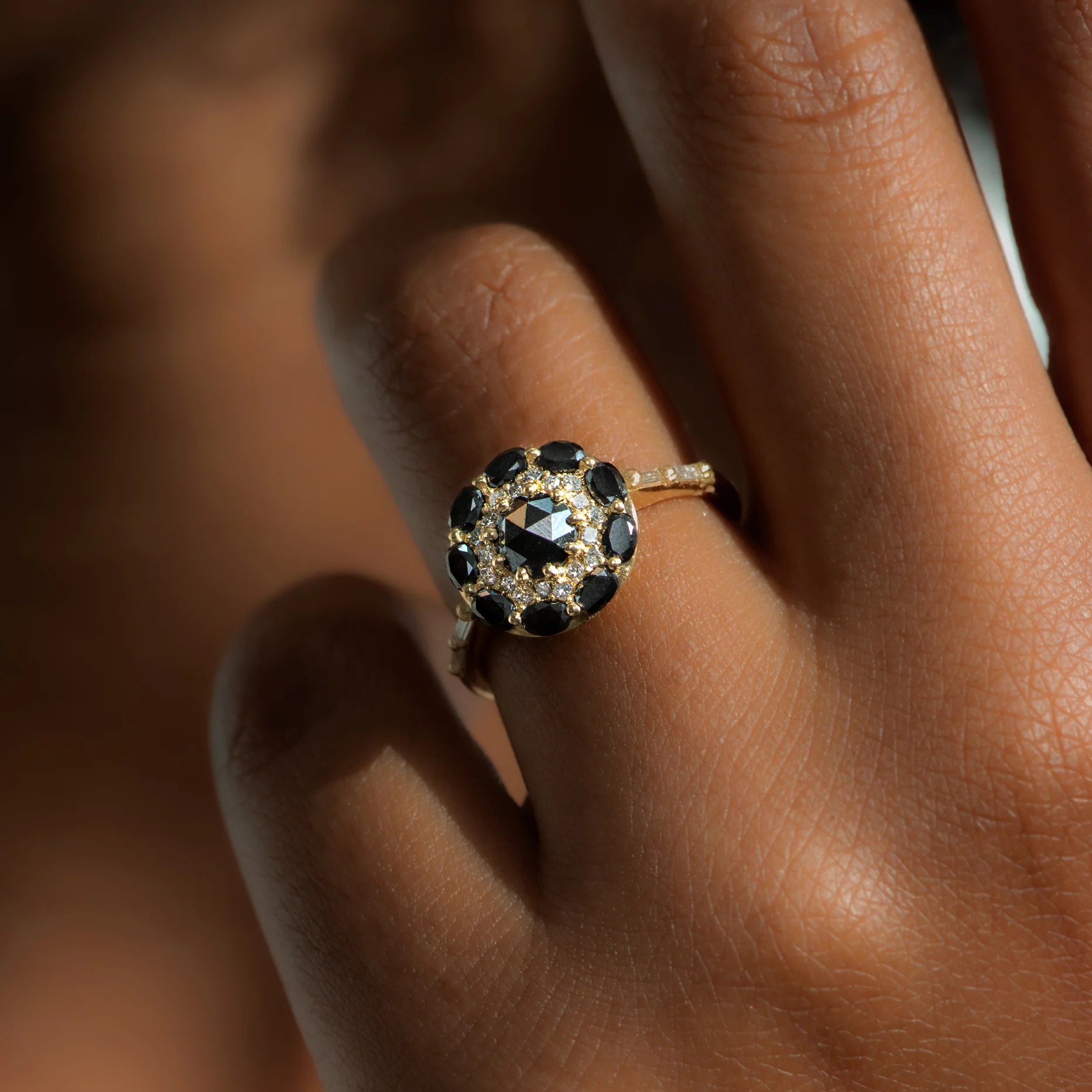 Black Diamond Mandala Engagement Ring - With Baguette Diamond Band - Image 8