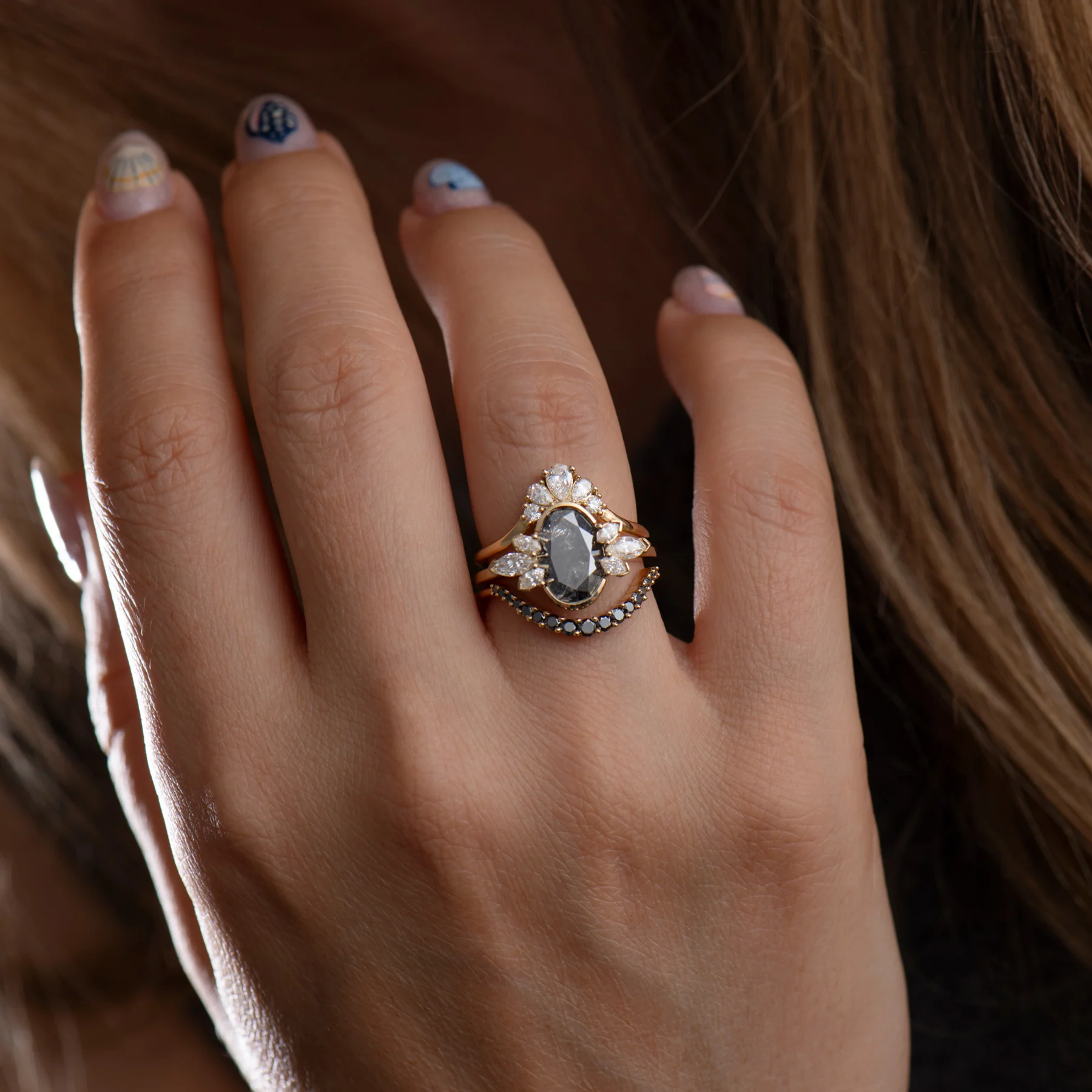 Black Tulip Oval Salt & Pepper Diamond Engagement Ring - Image 6