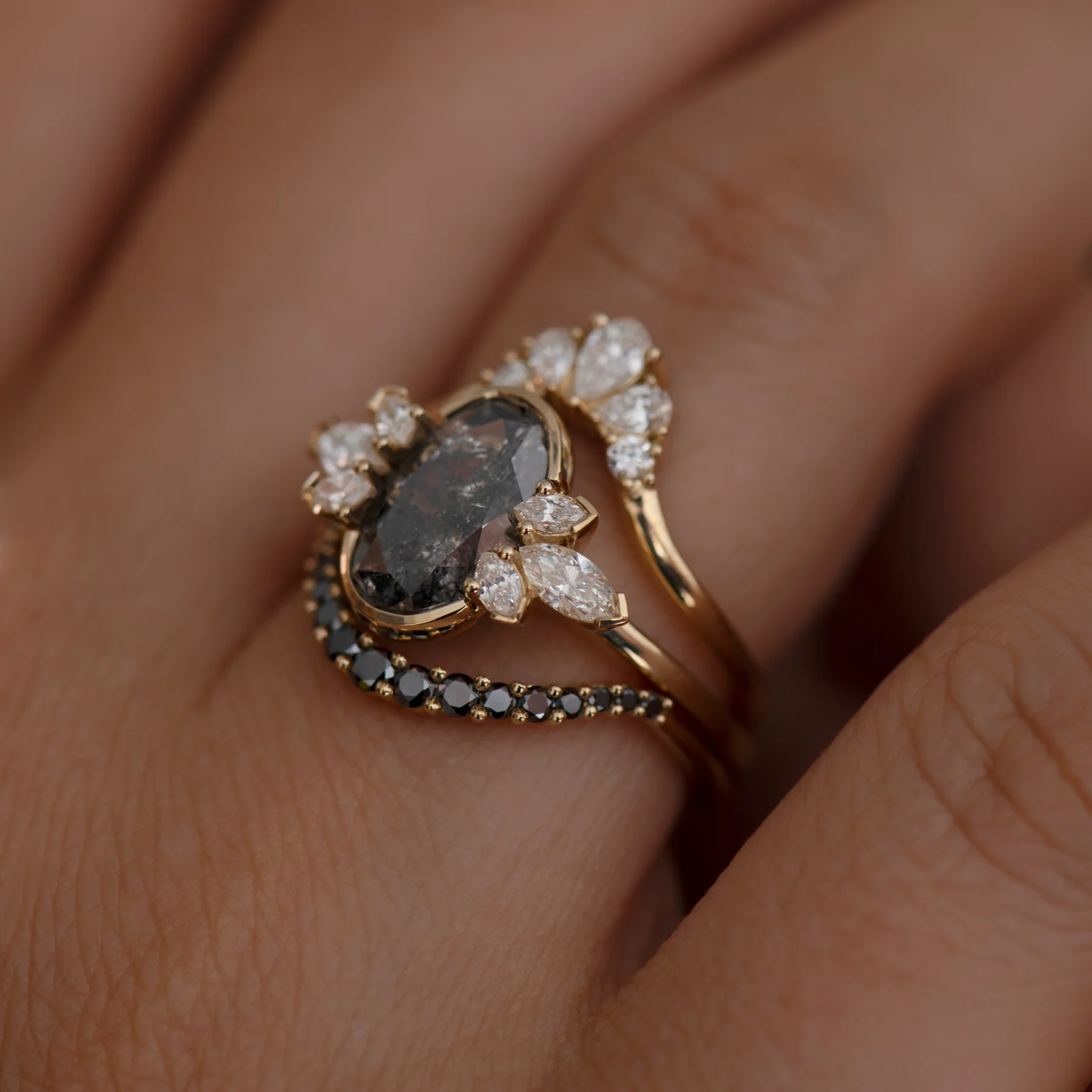 Black Tulip Oval Salt & Pepper Diamond Engagement Ring - Image 7