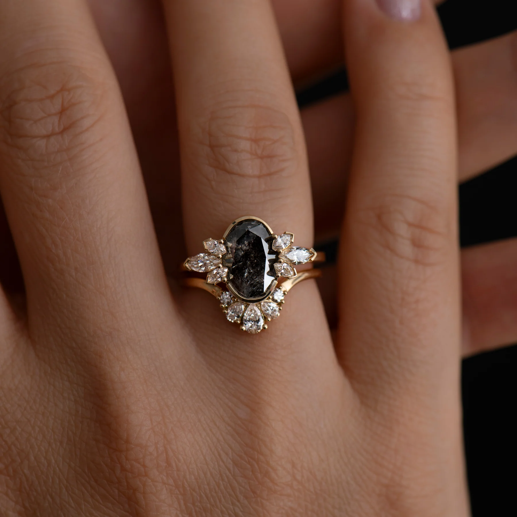Black Tulip Oval Salt & Pepper Diamond Engagement Ring - Image 8