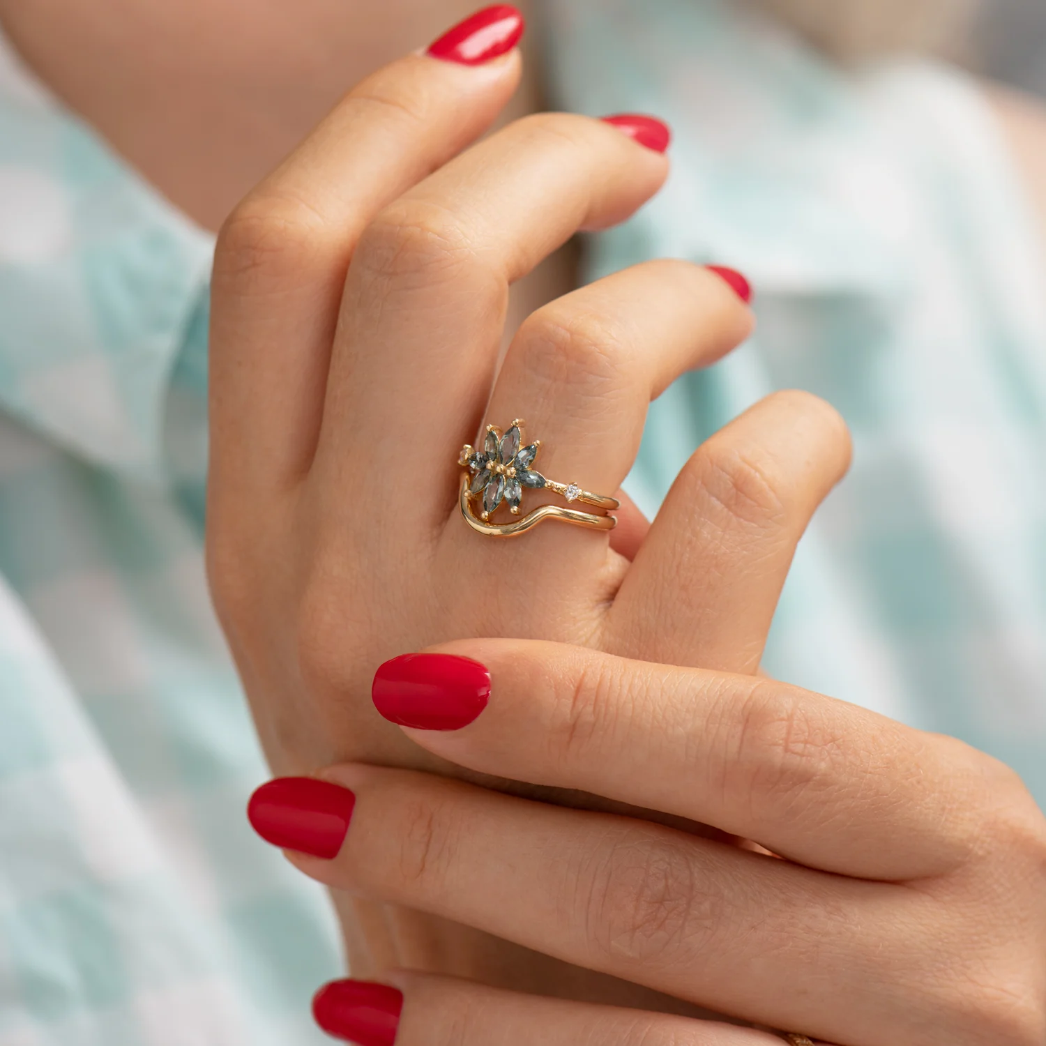 Bouquet Engagement Ring with Teal Sapphire and Diamond Petals - Image 4