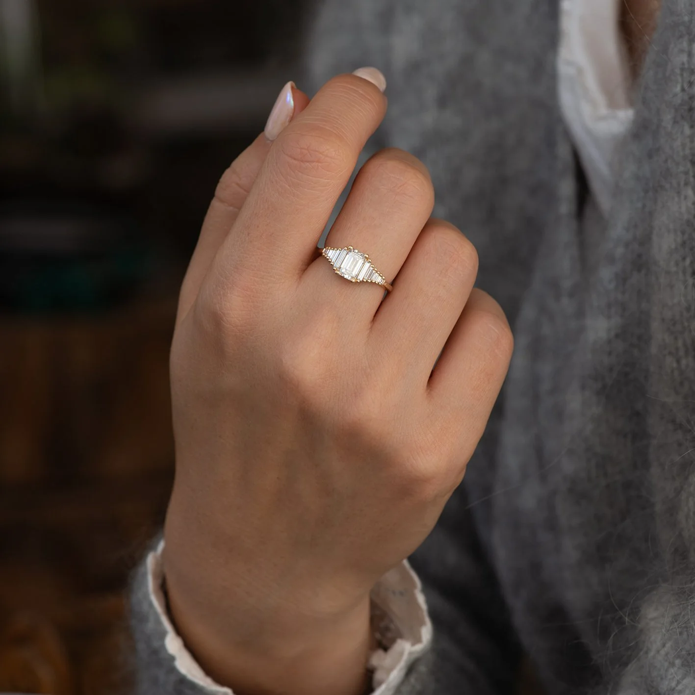 Classic Emerald Cut Engagement Ring with Tapered Needle Baguette Diamonds - Image 6