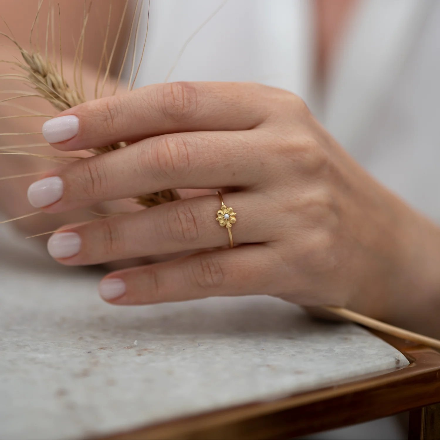 Dainty Gold Flower Ring - Seed Pearl Ring - Image 10