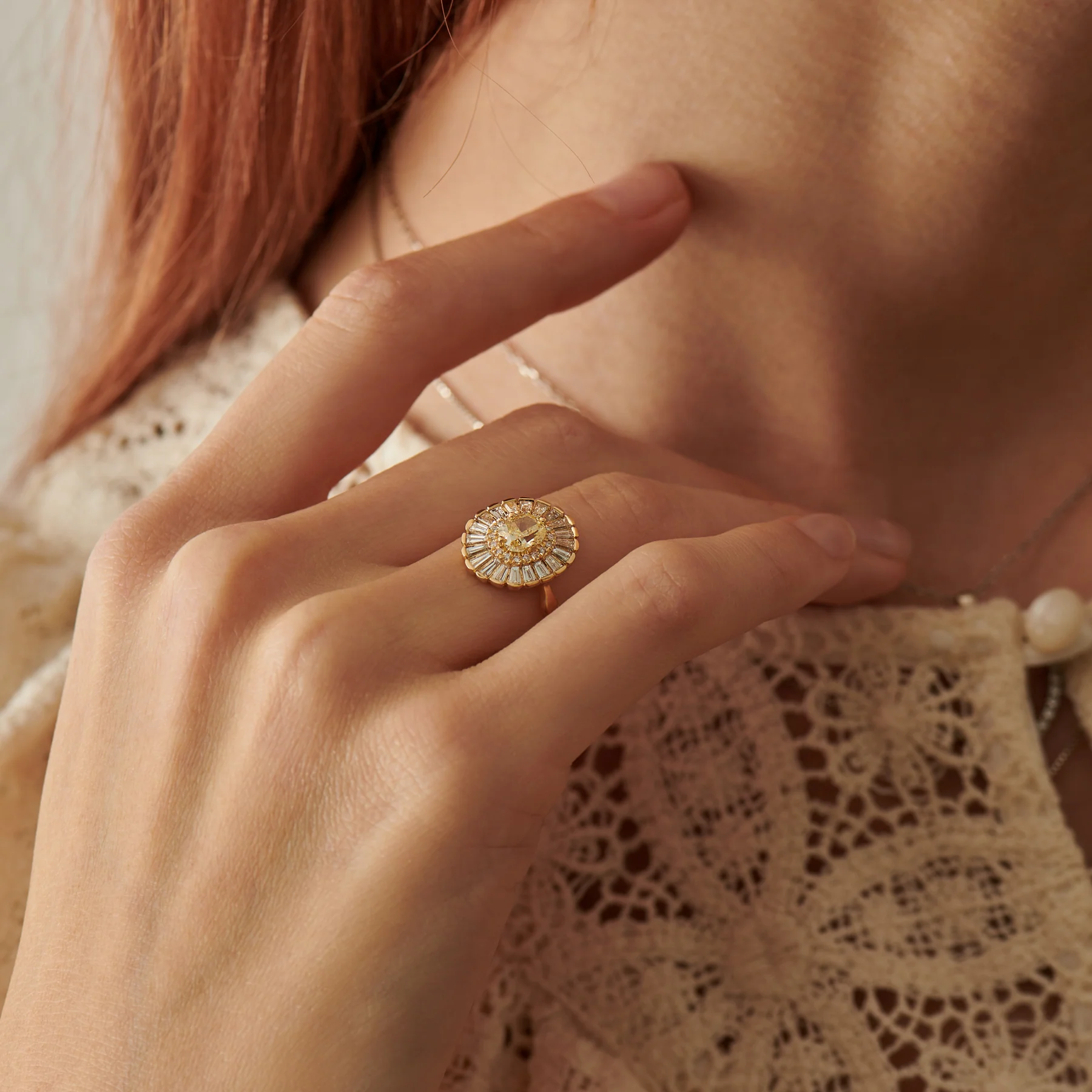 Daisy Engagement Ring - Fancy Yellow Diamond and Baguette Diamond Ring - Image 4