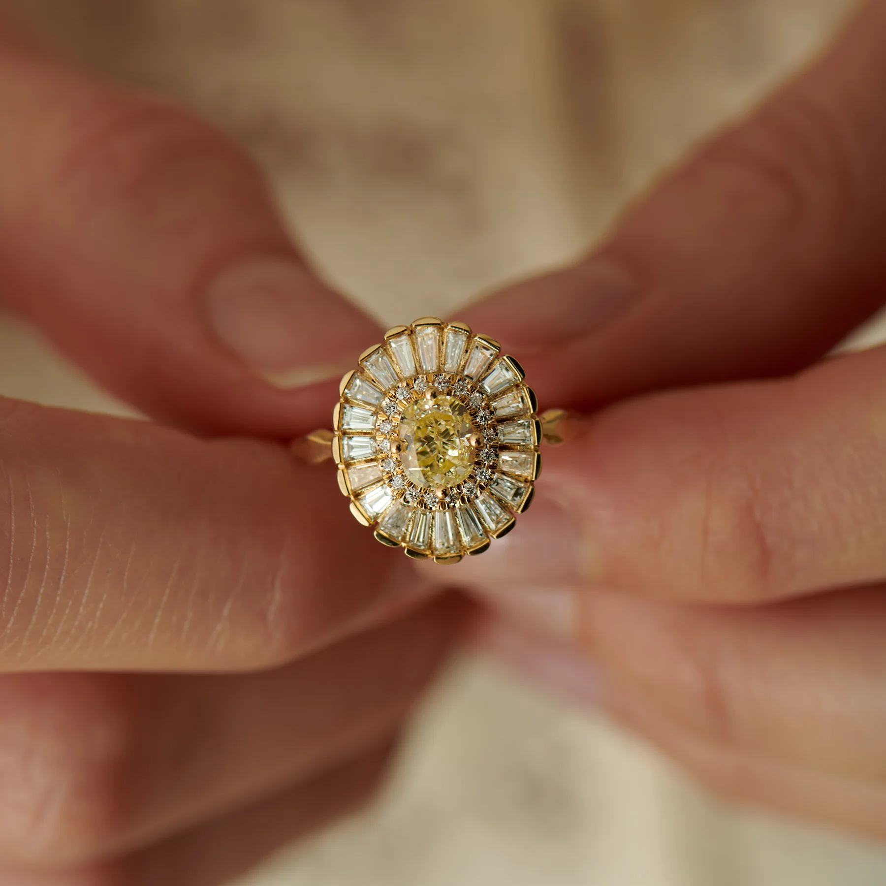 Daisy Engagement Ring - Fancy Yellow Diamond and Baguette Diamond Ring - Image 6