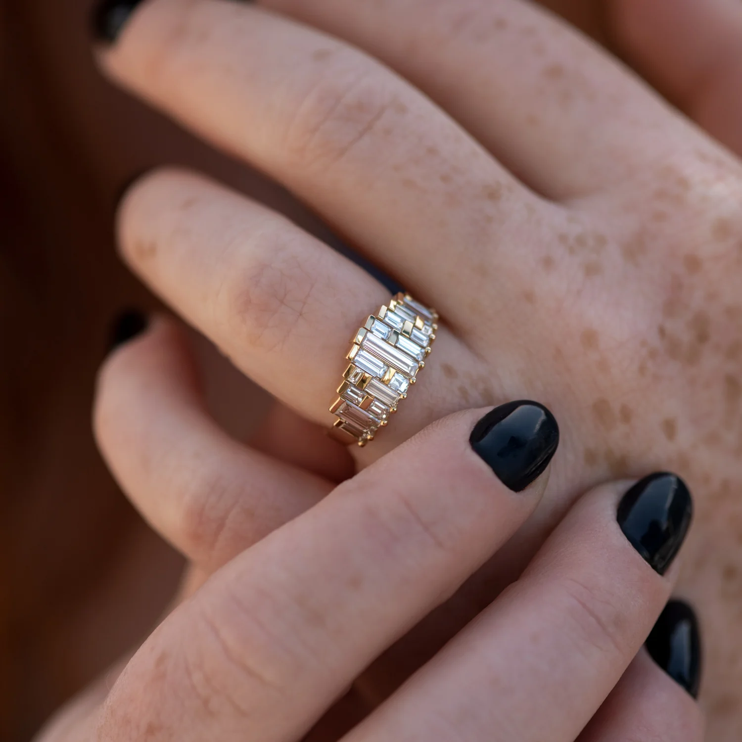 Deco Diamond Engagement Ring with Top Light Brown Baguettes - Image 5