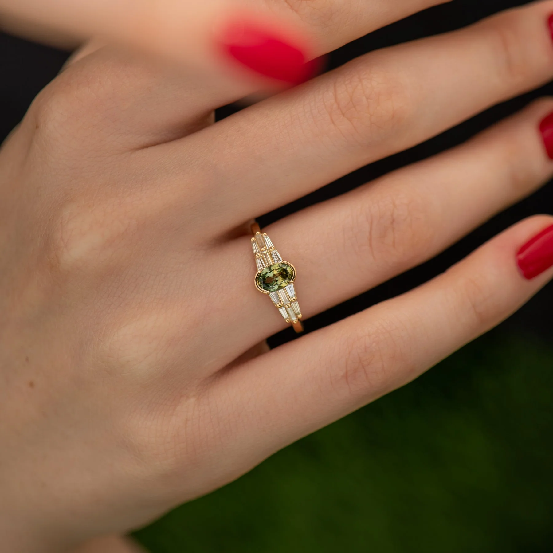 Delicate Parti-Sapphire Engagement Ring with Tapered Diamond Ornaments - OOAK - Image 5