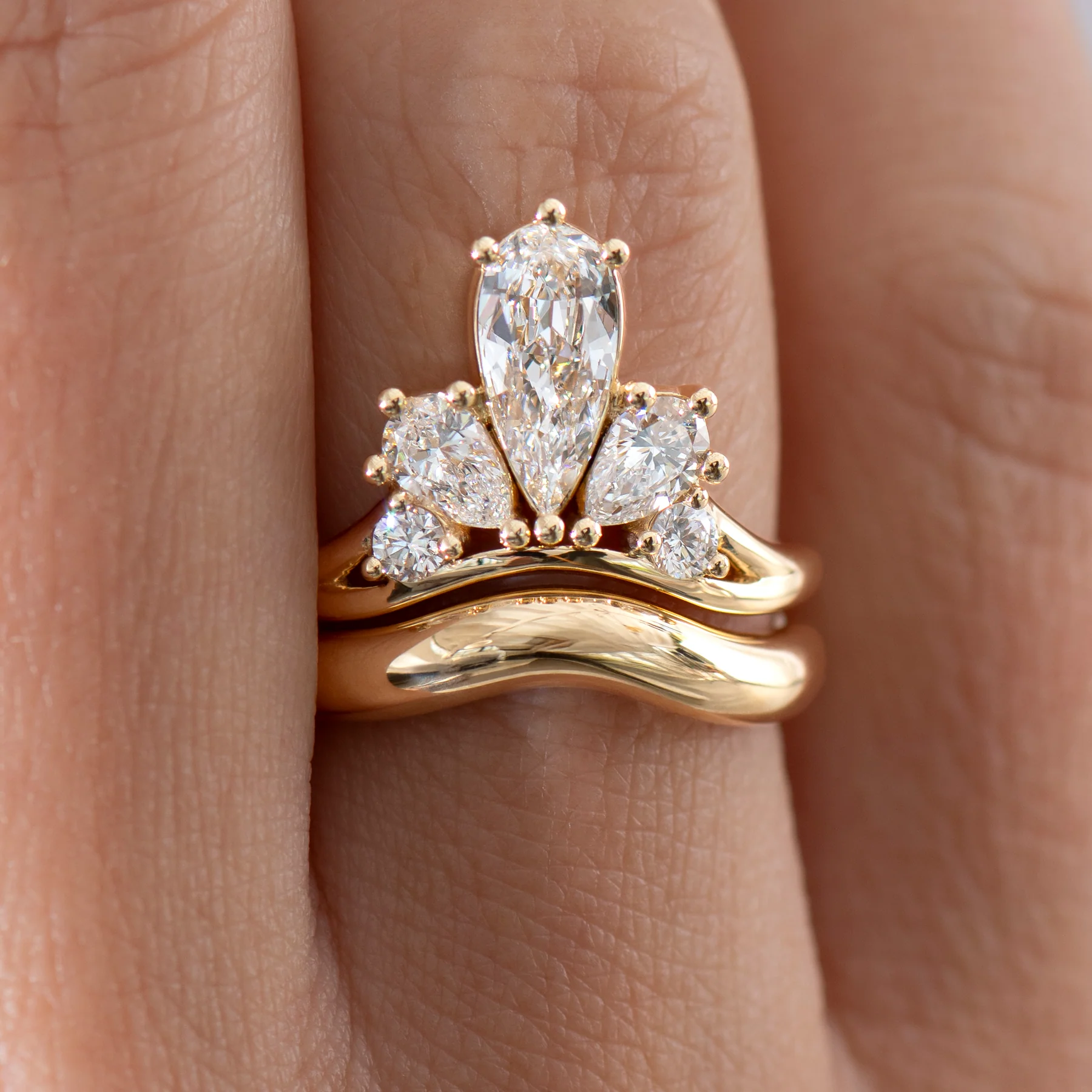 Dewdrop Pear Diamond Ring & Chunky Gold Band Set - Image 5