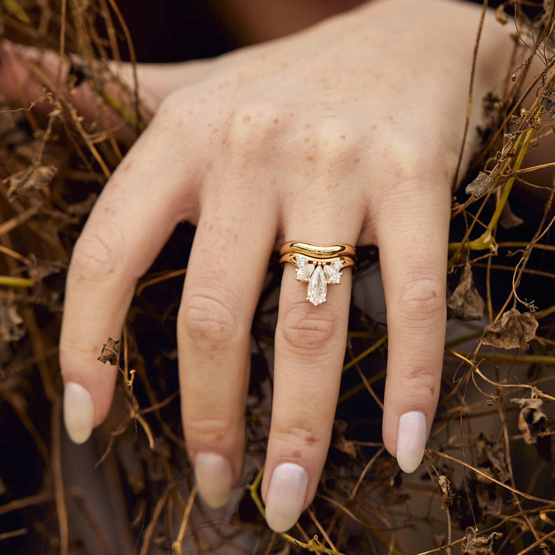 Dewdrop Pear Diamond Ring & Chunky Gold Band Set - Image 6