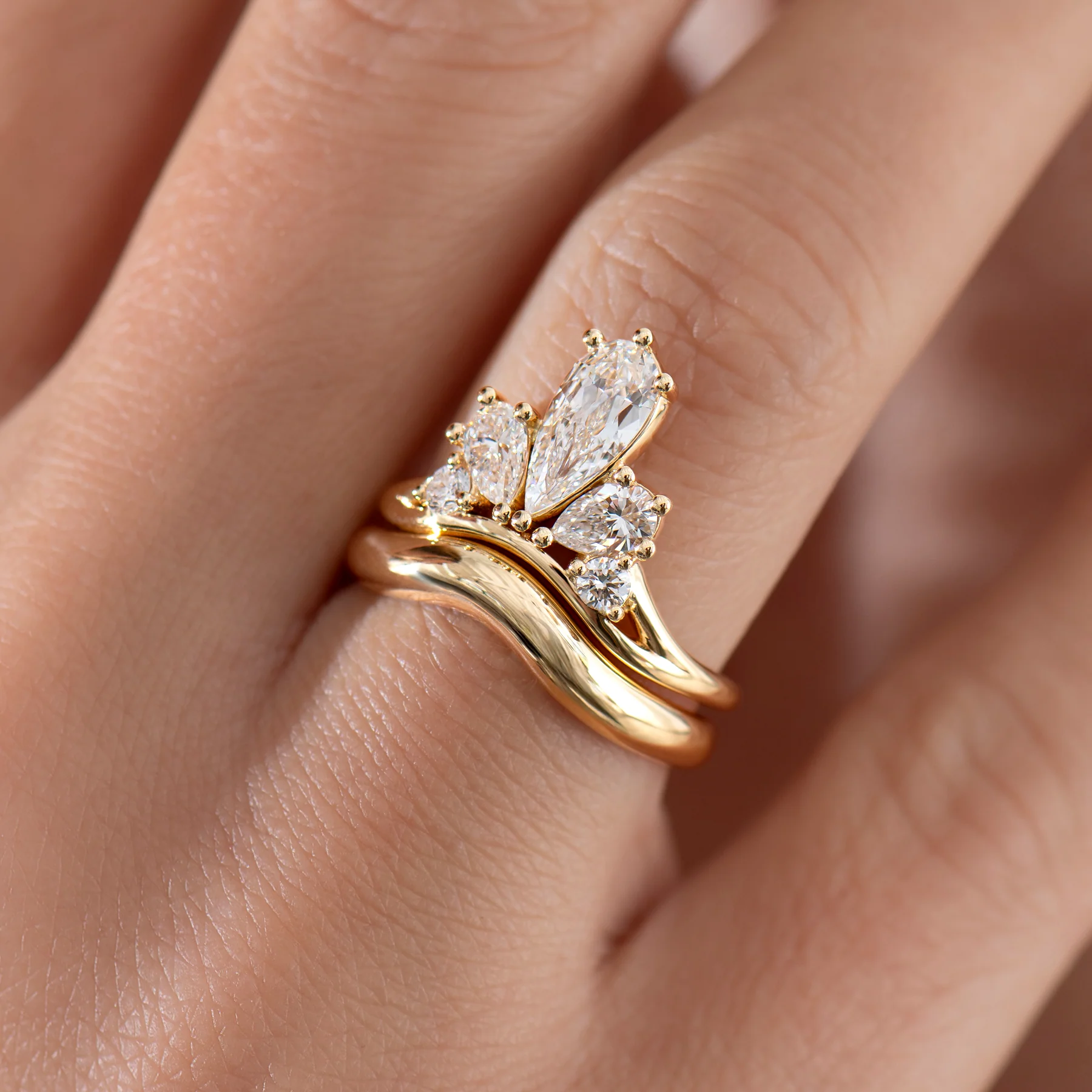 Dewdrop Pear Diamond Ring & Chunky Gold Band Set - Image 7