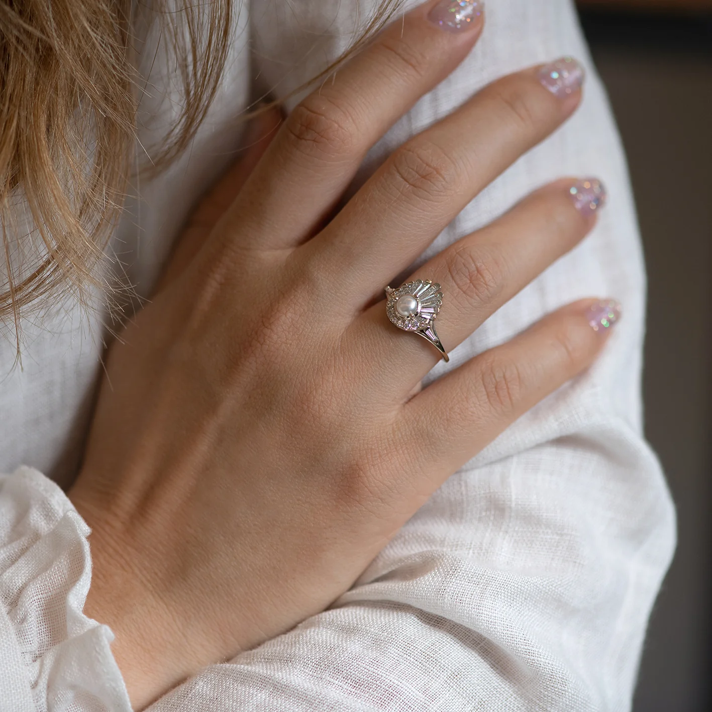 Diamond and Pearl Engagement Ring - Baguette Diamond Shell Ring - Image 12
