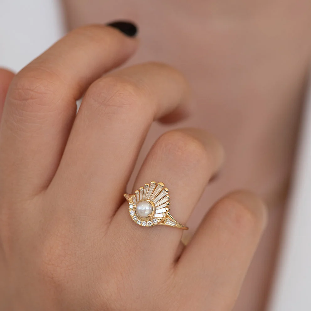 Diamond and Pearl Engagement Ring - Baguette Diamond Shell Ring - Image 5