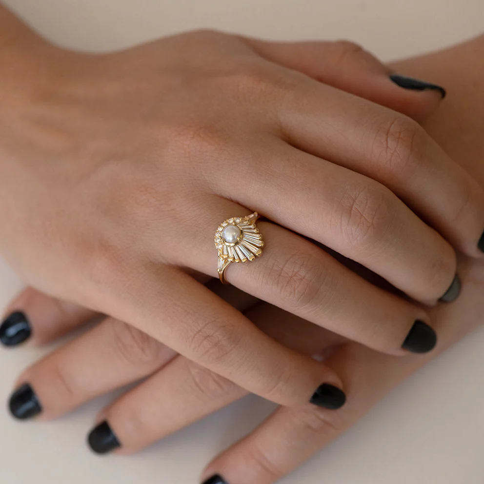 Diamond and Pearl Engagement Ring - Baguette Diamond Shell Ring - Image 8