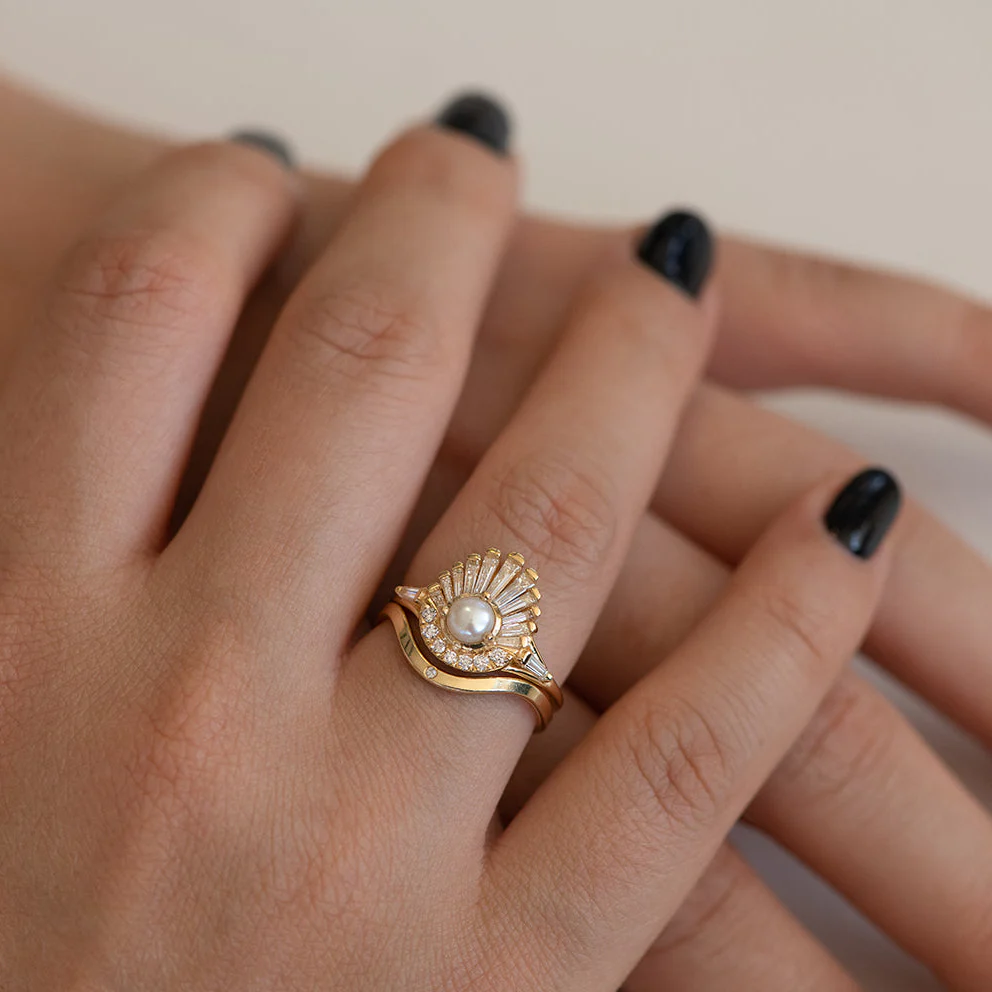 Diamond and Pearl Engagement Ring - Baguette Diamond Shell Ring - Image 9