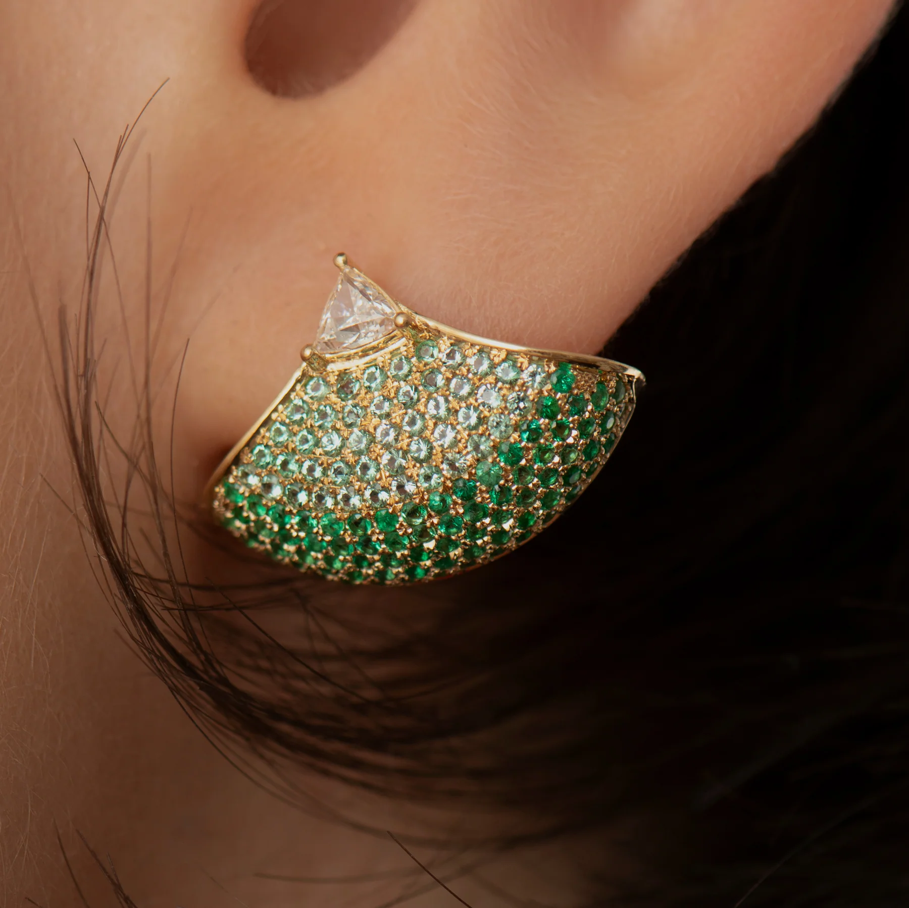 Diamond & Emerald Ombre Pave Fan Earrings - Image 4