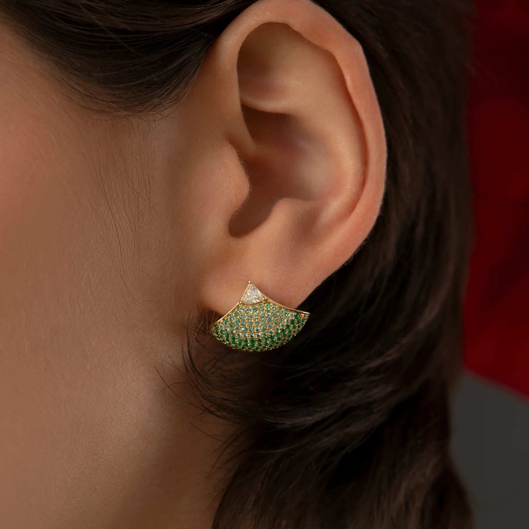Diamond & Emerald Ombre Pave Fan Earrings - Image 5