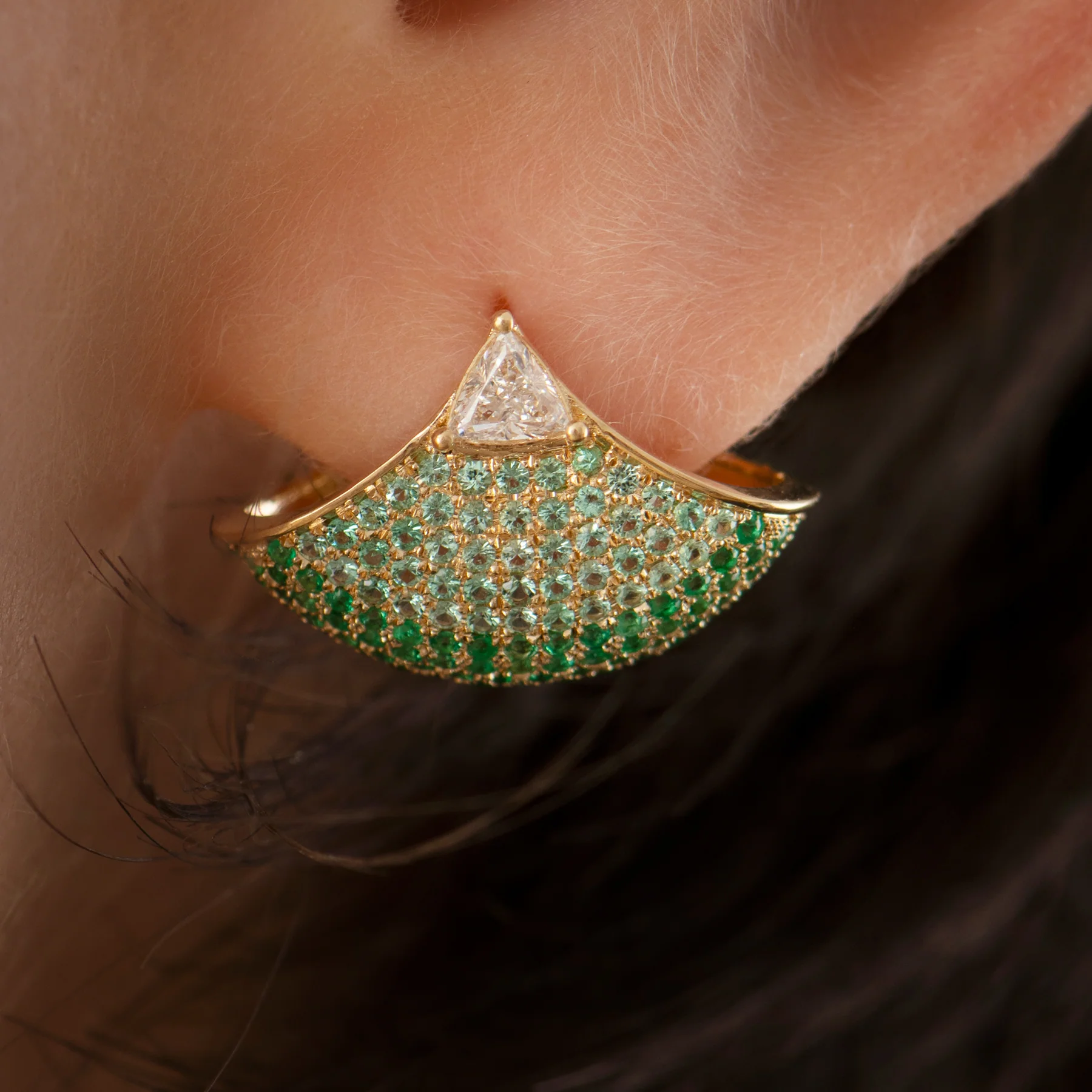 Diamond & Emerald Ombre Pave Fan Earrings - Image 6