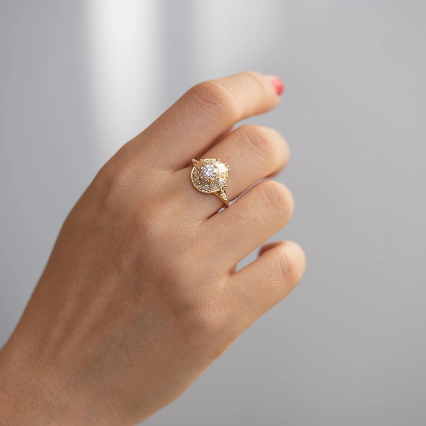 Diamond Halo Ring with Needle Cut Baguette Diamonds and Hearts - Image 3