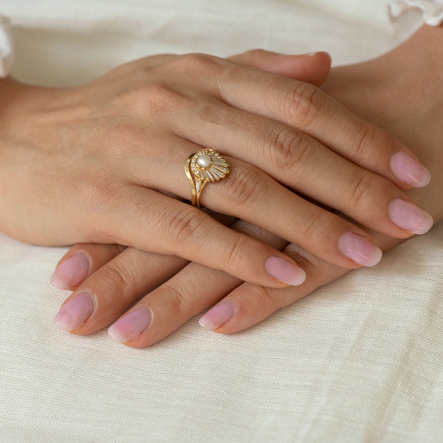 Diamond Seashell Ring Set with Freshwater Pearl - Image 5