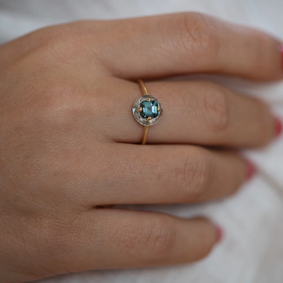 Diamond Sphere Ring with Asscher Cut Teal Sapphire - OOAK - Image 5