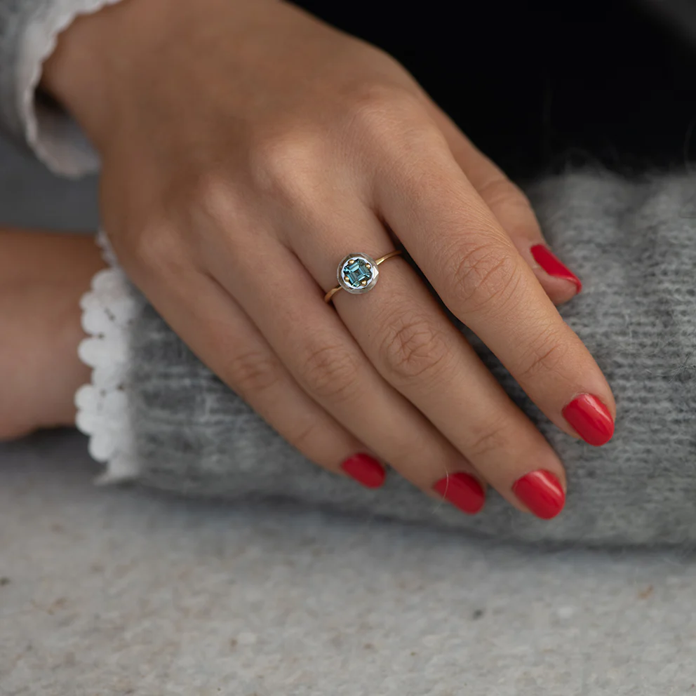 Diamond Sphere Ring with Asscher Cut Teal Sapphire - OOAK - Image 6