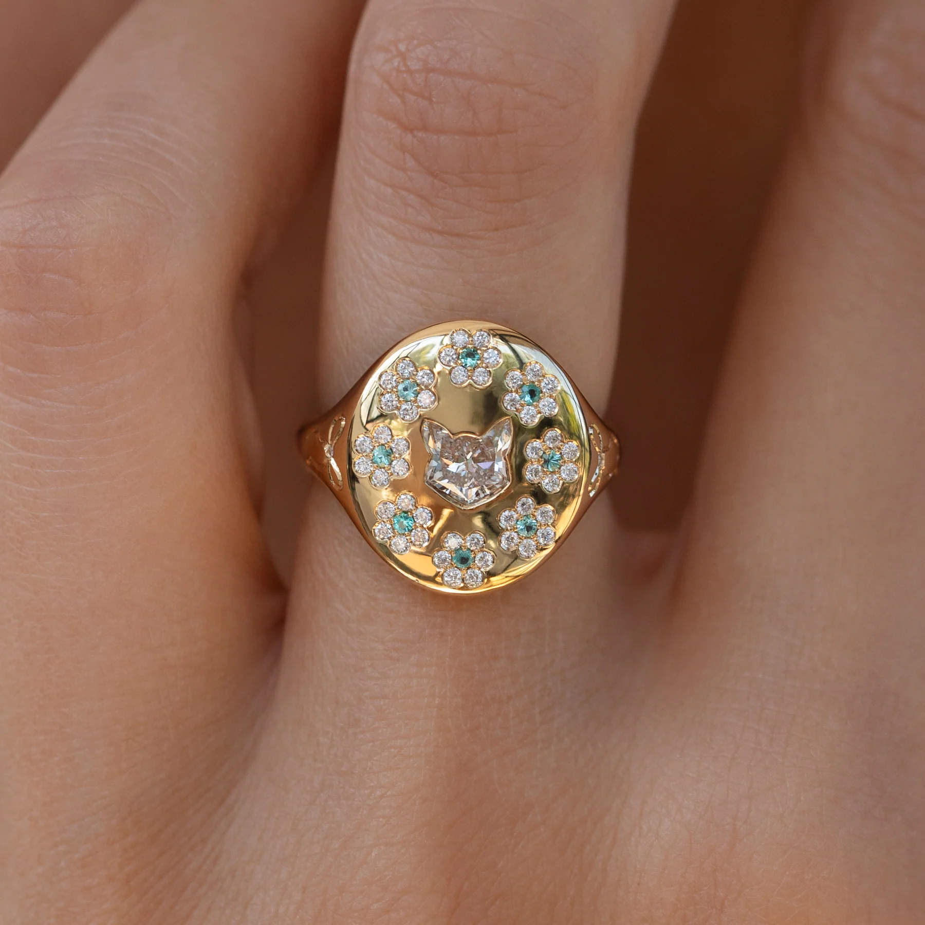 Duchess Cat Shaped Diamond with Paraiba Flowers Signet Ring - Image 3
