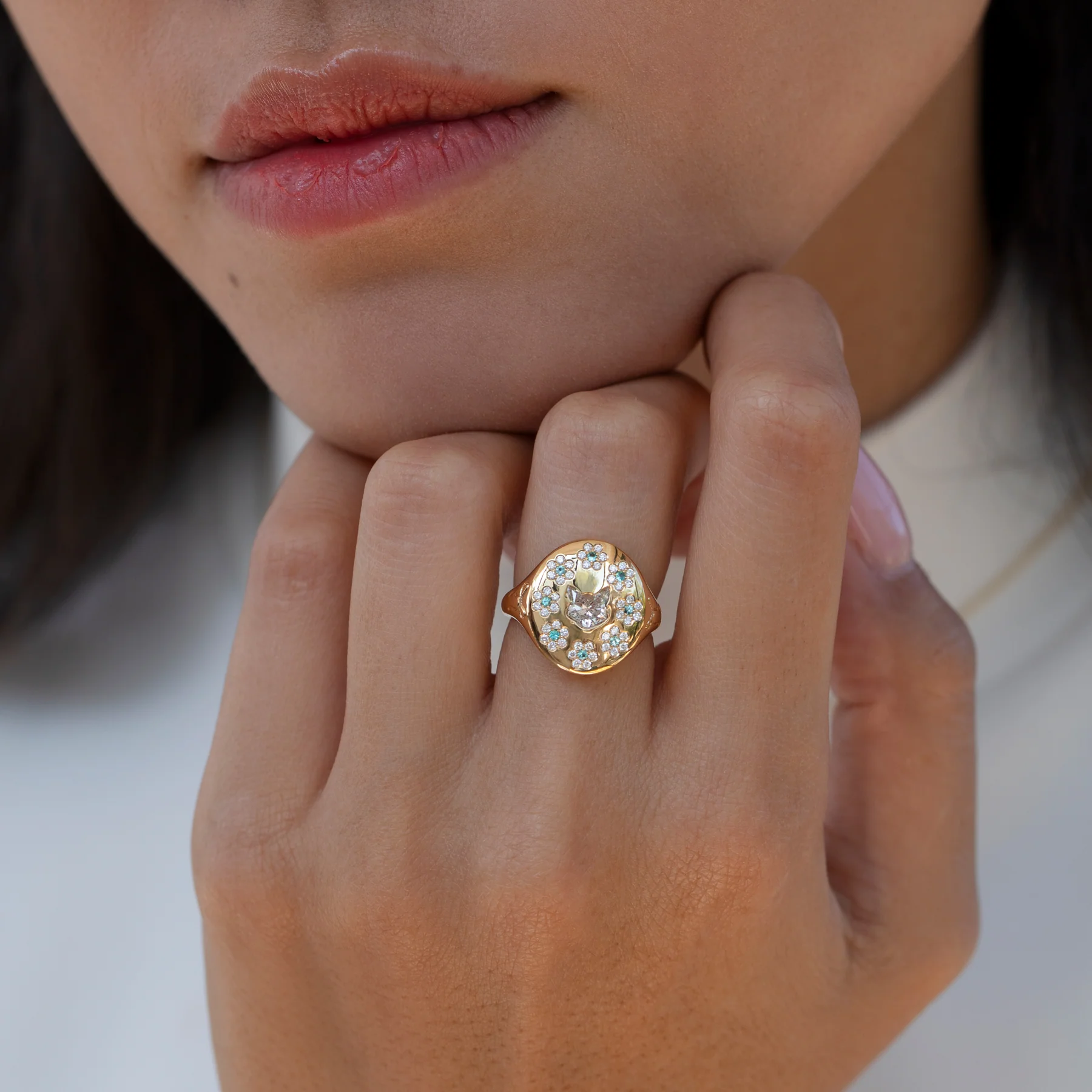 Duchess Cat Shaped Diamond with Paraiba Flowers Signet Ring - Image 4