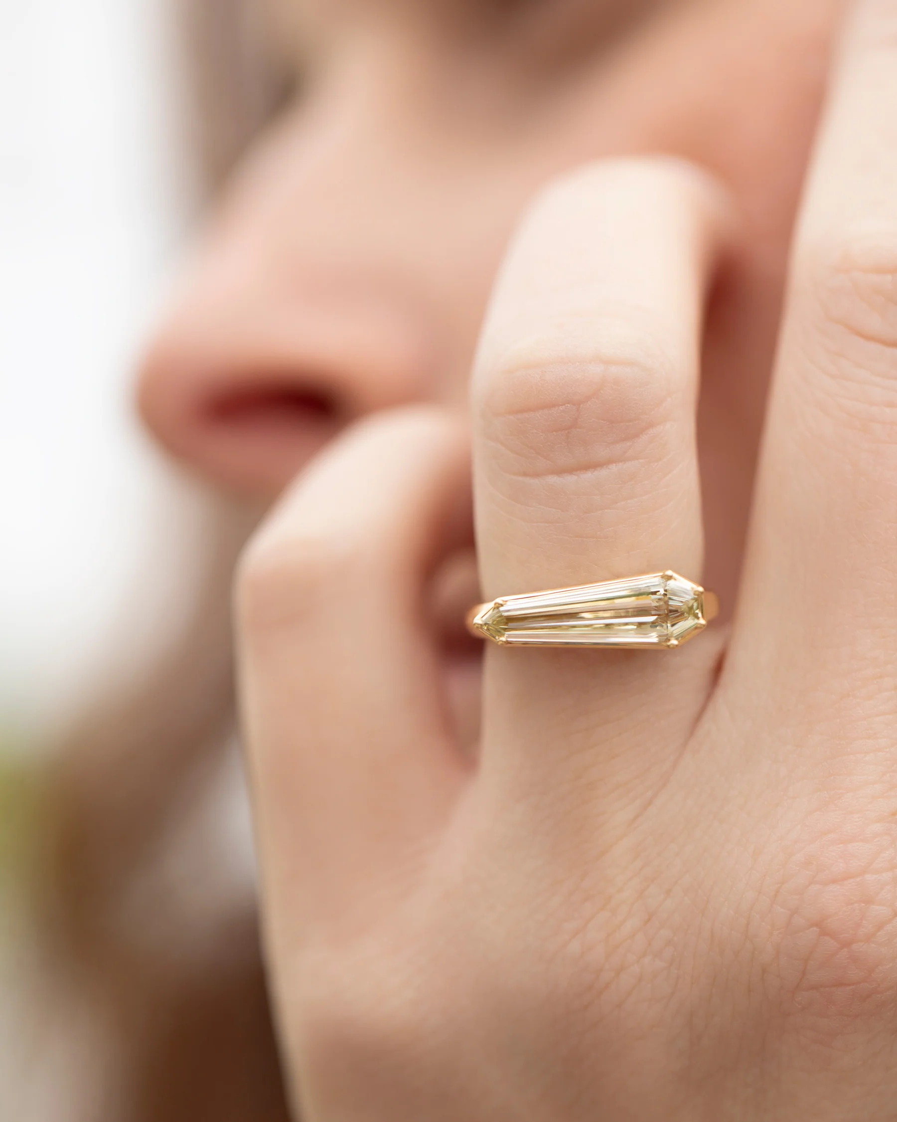 Elongated Shield Cut Diamond Solitaire Ring with Pave Detailing - Image 10