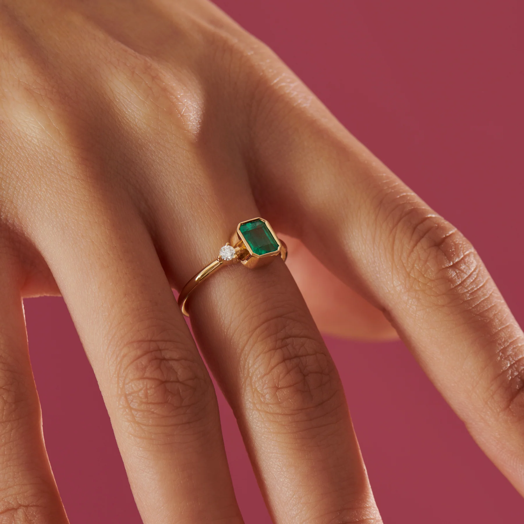 Emerald Engagement Ring with A Small Diamond - Asymmetric Emerald Ring - Image 3