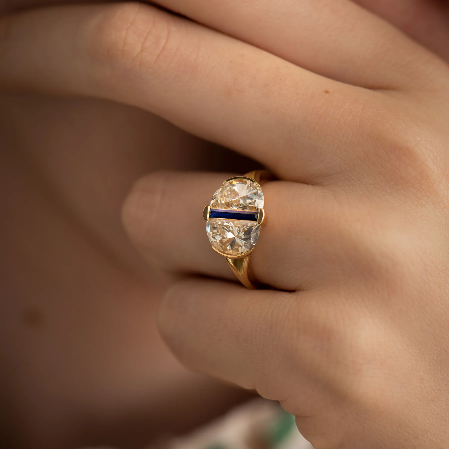 Engagement Ring with Lab Grown Half Moon Diamonds and Sapphire - Image 4