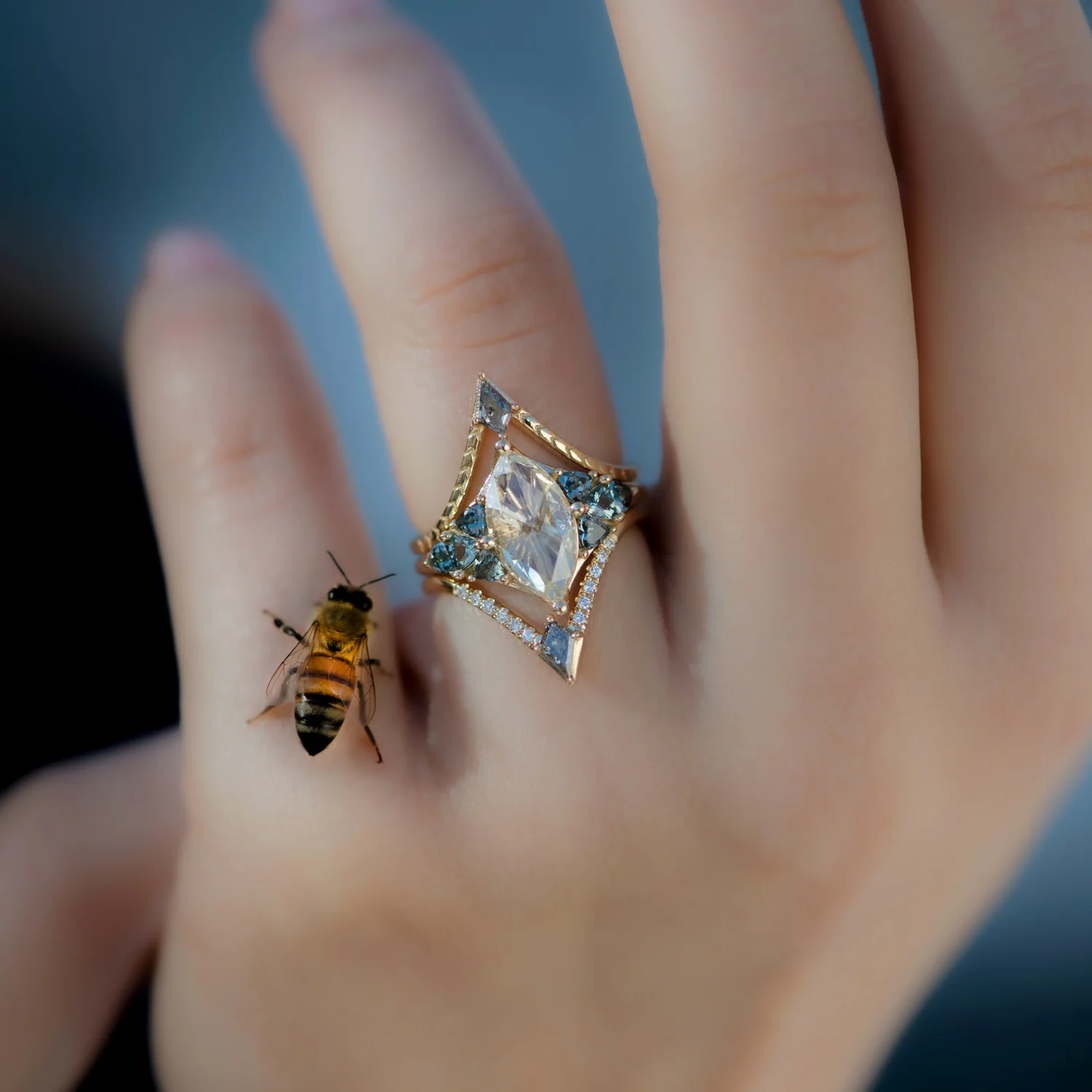 Engraved Chevron Ring with a Salt and Pepper Kite Diamond - Image 4