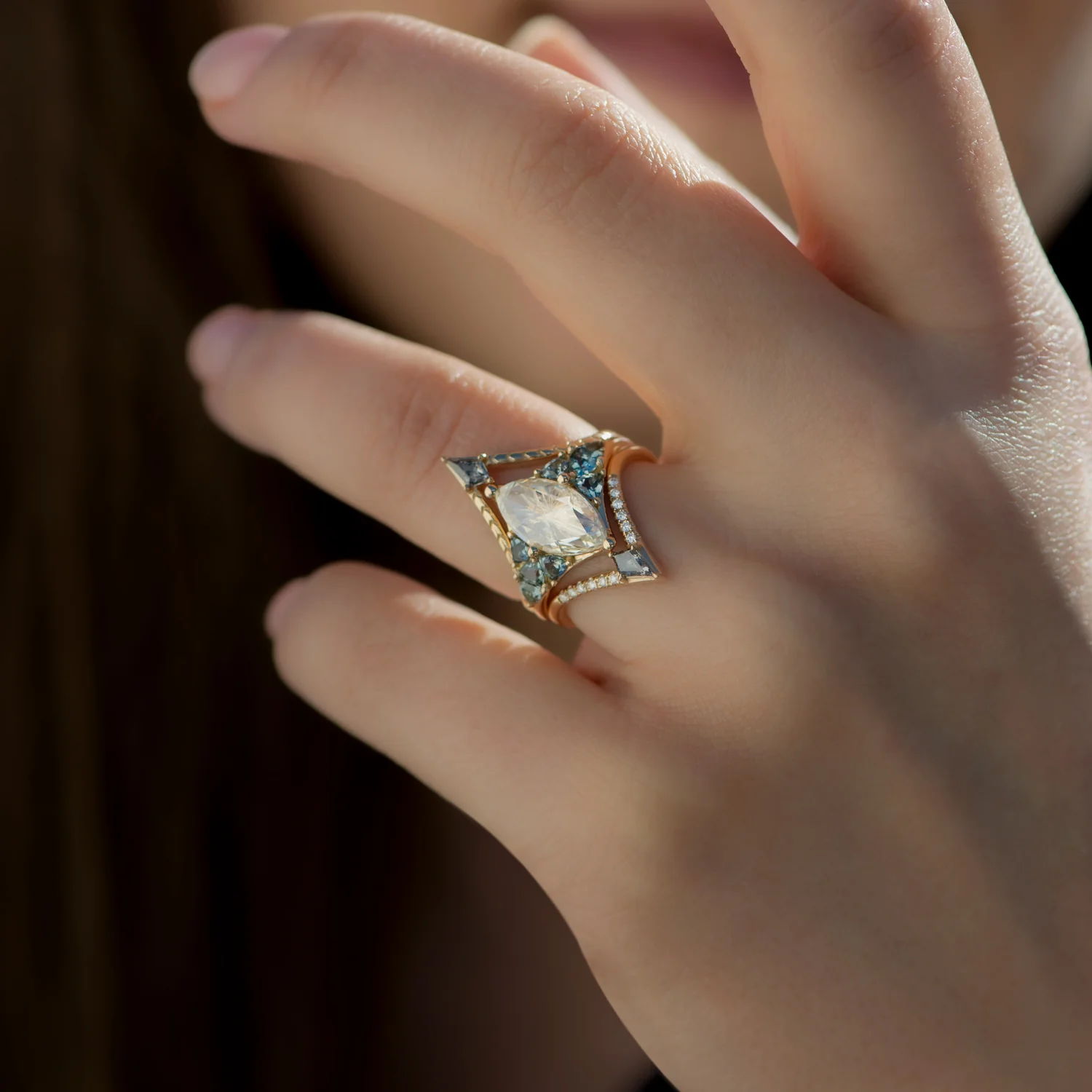 Engraved Chevron Ring with a Salt and Pepper Kite Diamond - Image 7